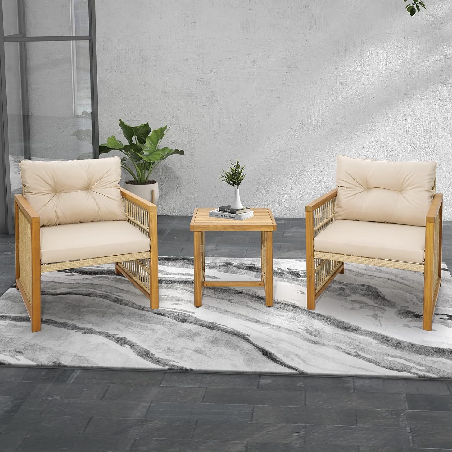 3 Piece Acacia Wood Patio Furniture Set With Beige PE Wicker Cushioned Chairs And Coffee Table