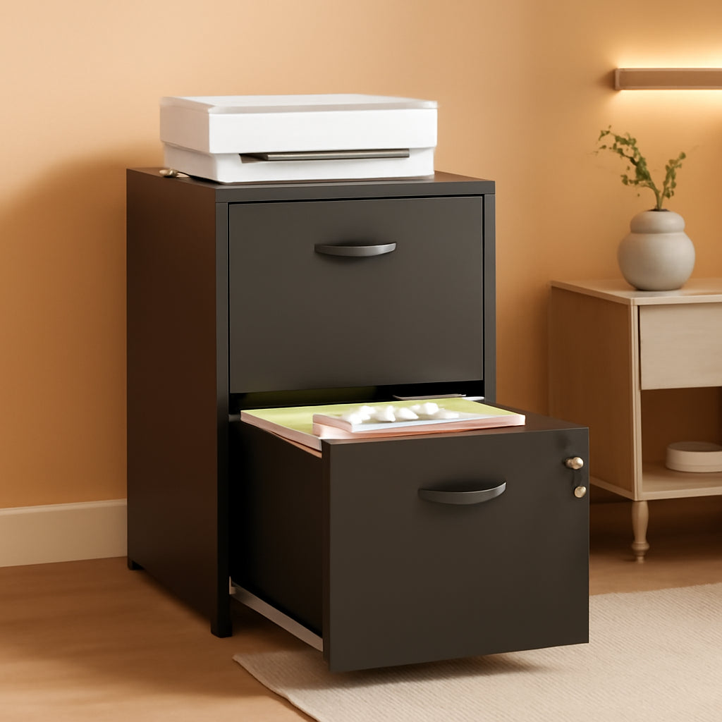 2 Drawer Locking Vertical File Cabinet Black Metal For Hanging Files Letter A4 Documents
