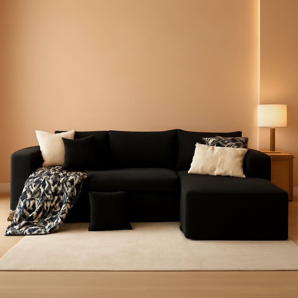 104 Inch Black Corduroy L Shaped Sectional Sofa Deep Set Upholstered Modular Couch No Assembly