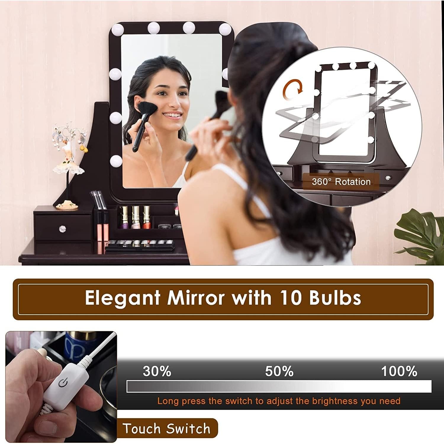 Brown Vanity Table Set With 10 LED Lights For Bedroom