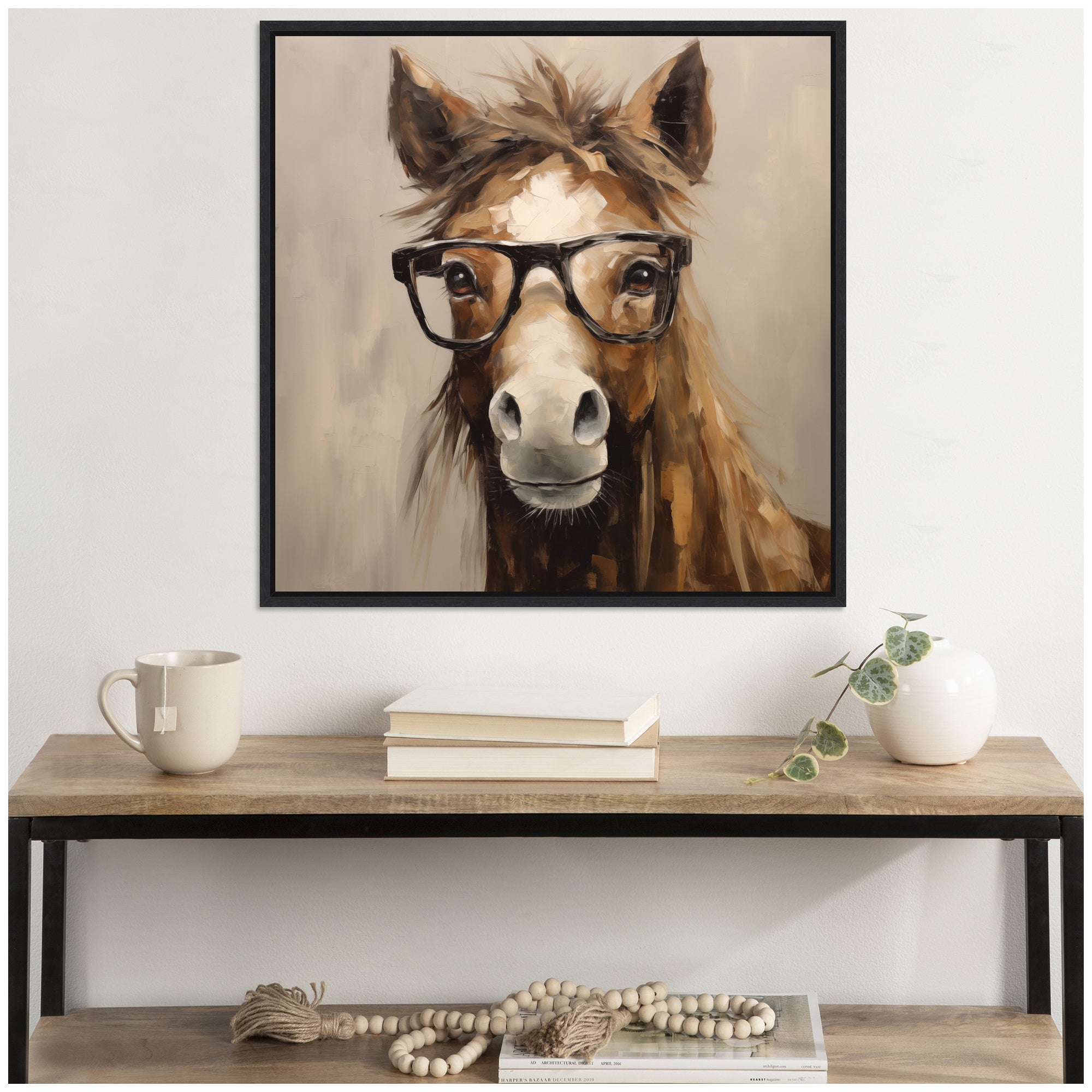 Sylvie Hay Those Are My Glasses Horse Framed Canvas by The Creative Bunch Studio
