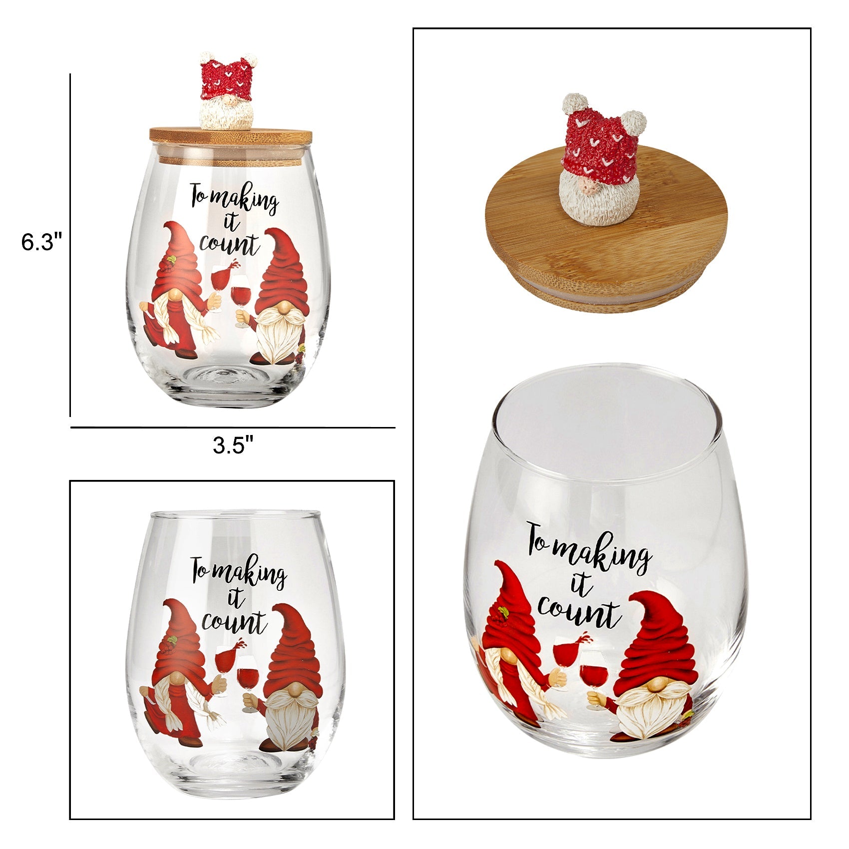 Christmas Gnome Wine & Water Glasses With Dwarf Wood Cover - Set of 2-17.5oz - Santa Holiday Festive Gnomes Stemless Clear Wine Glass For Red Or White Wine - Wines Glass for Women Friends Men Sister-1