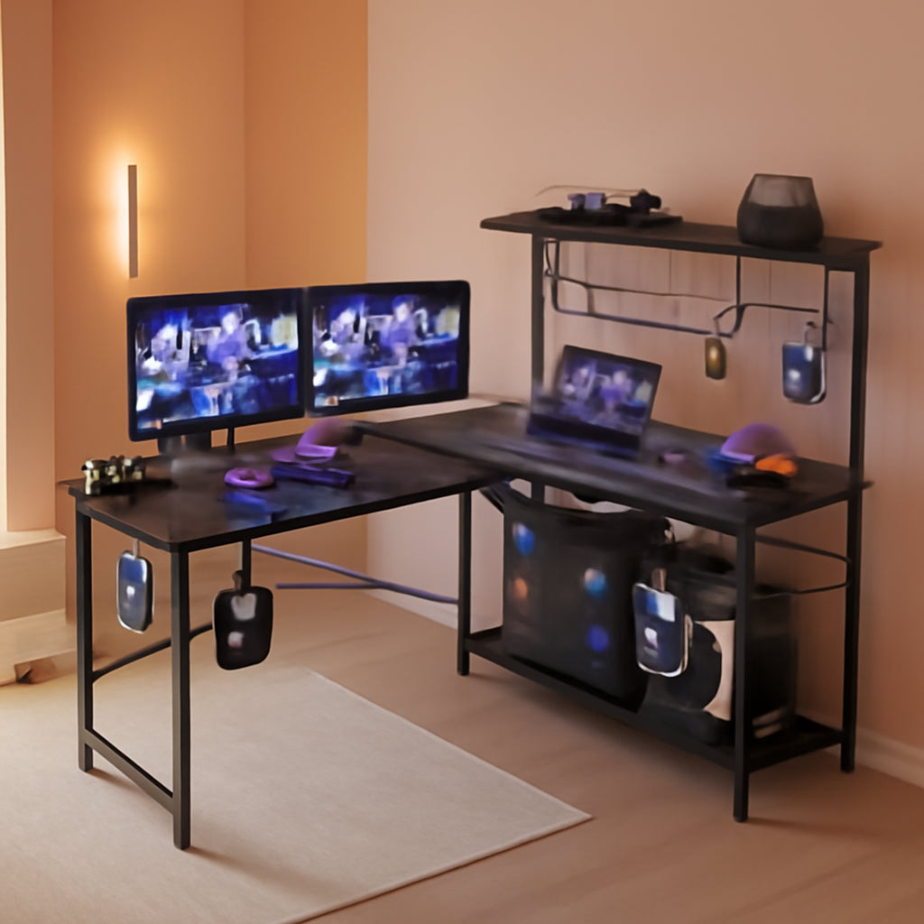 51 Inch L Shaped Gaming Desk With LED Lights 4 Tier Shelves