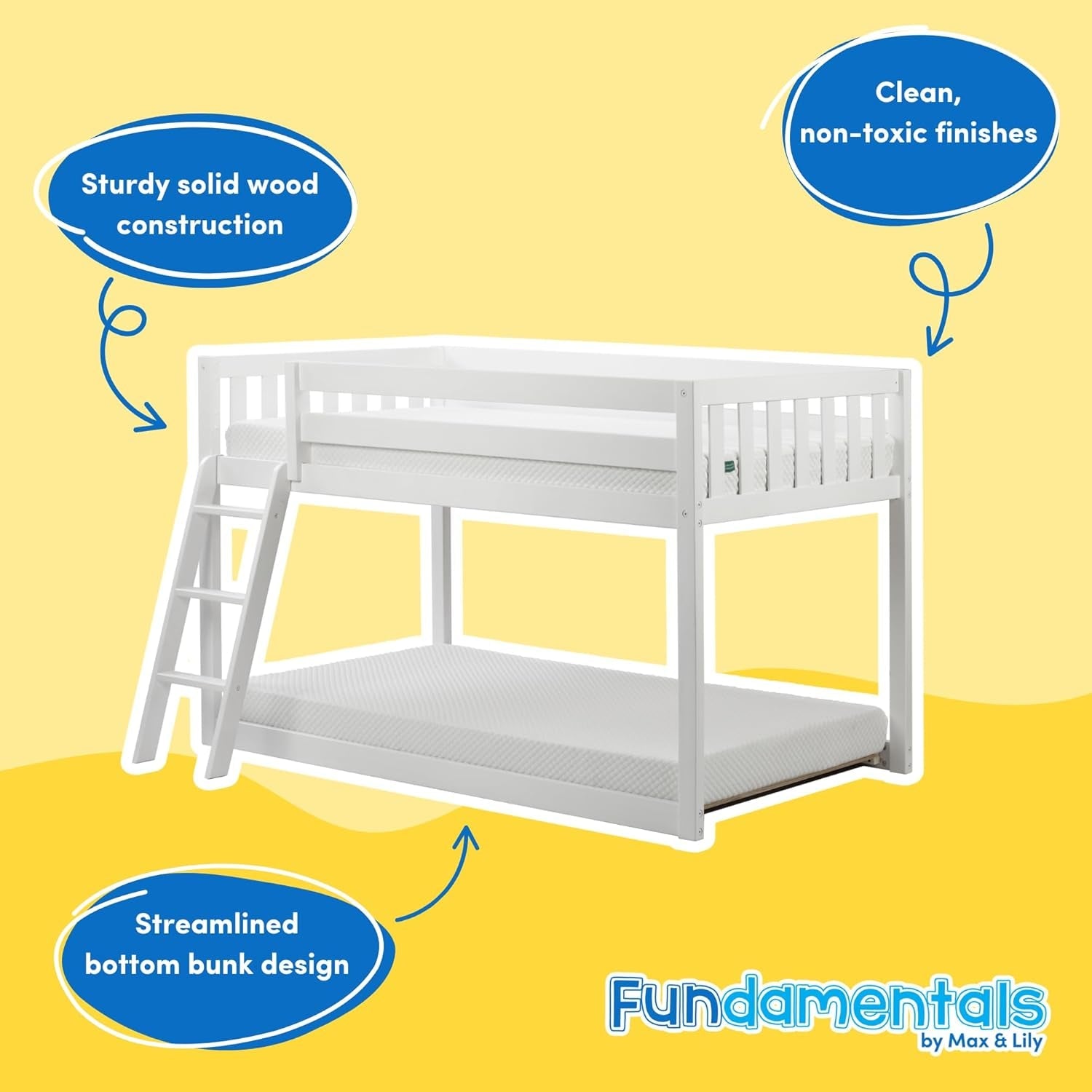White Twin Low Bunk Bed Solid Wood Frame For Kids Safe