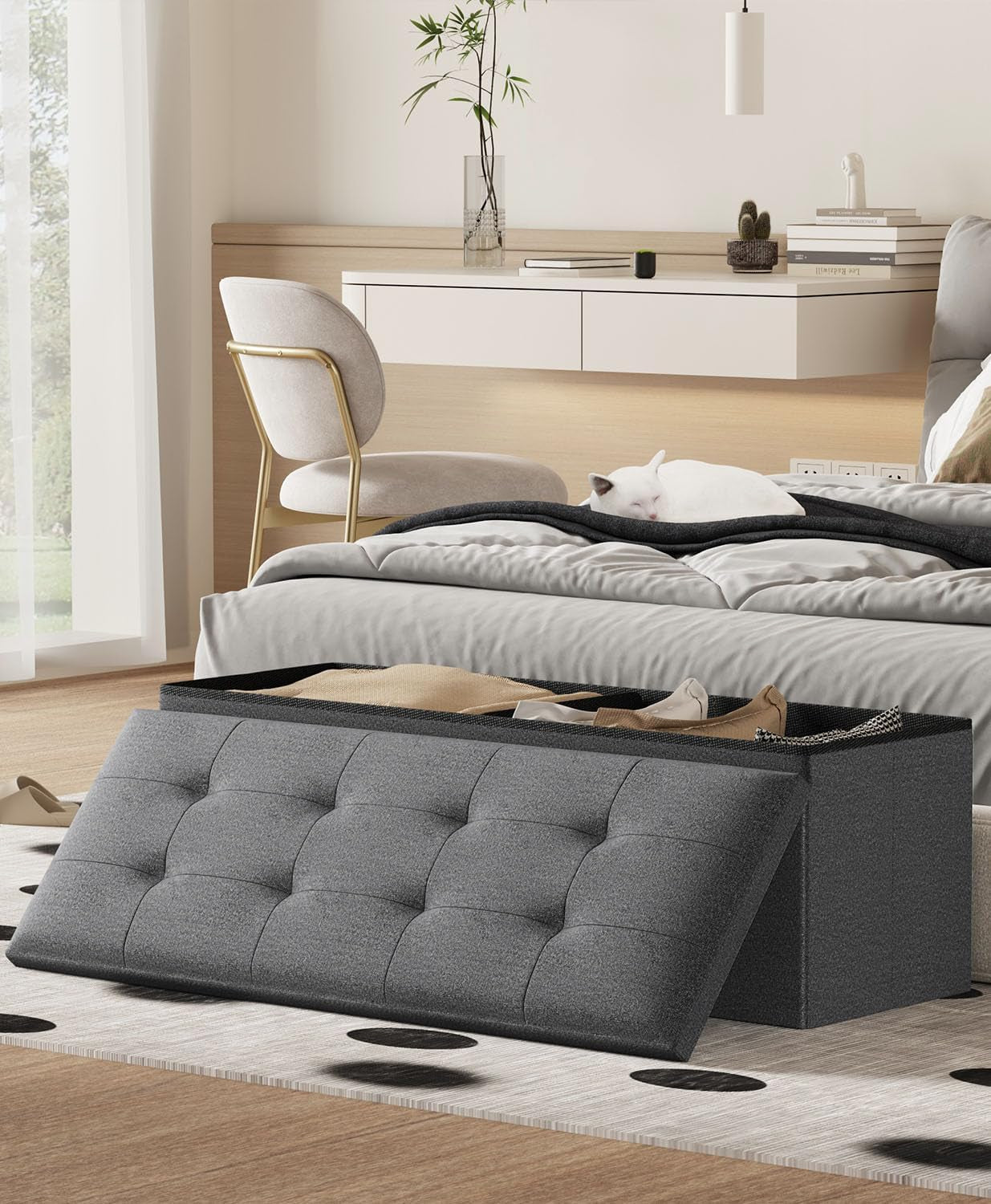 Charcoal Gray Classic Folding Storage Ottoman 43Inch