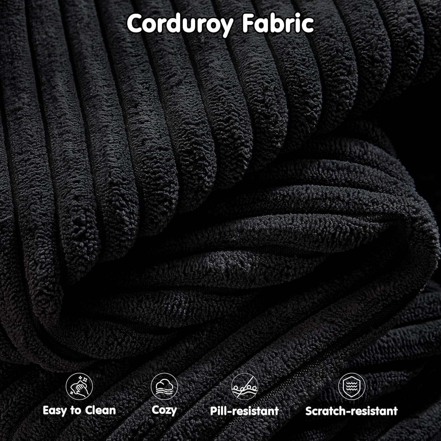 104 Inch Black Corduroy L Shaped Sectional Sofa Deep Set Upholstered Modular Couch No Assembly