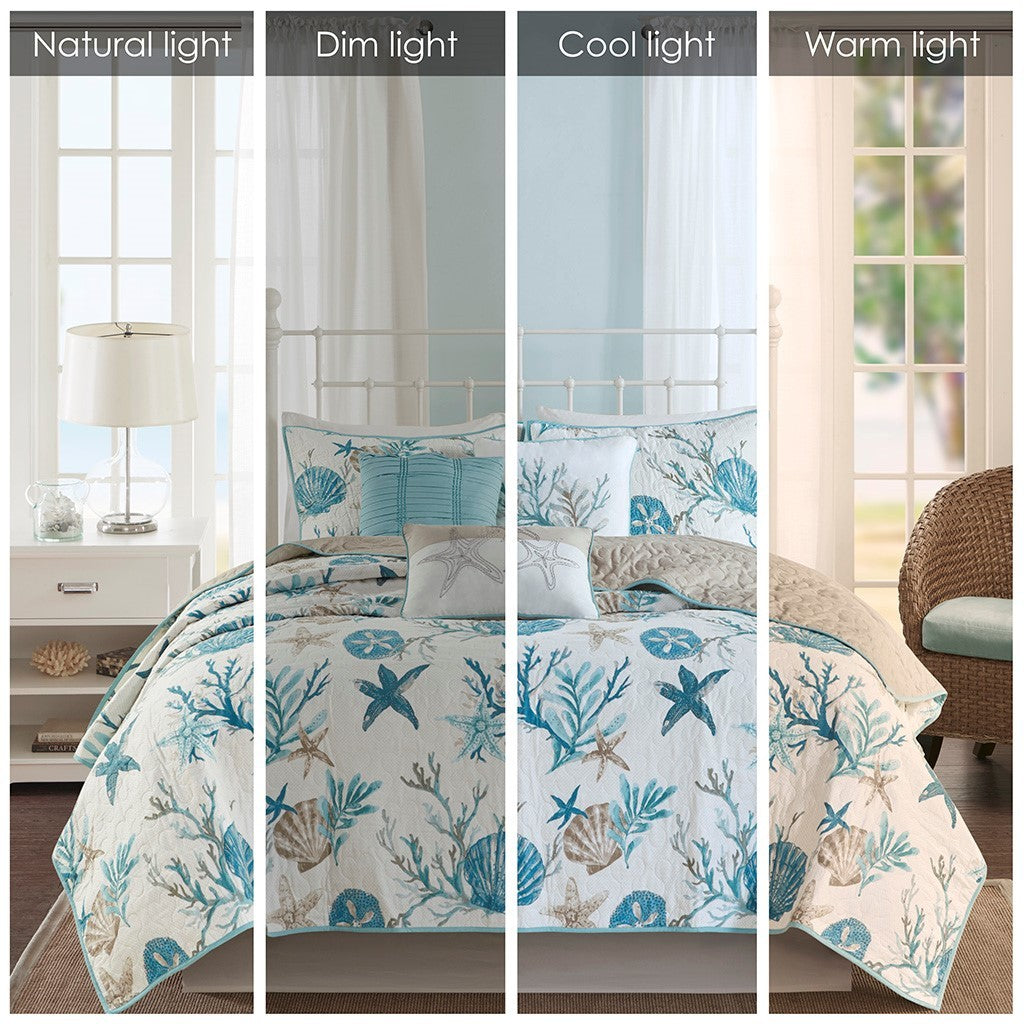 6 Piece Cotton Sateen Quilt Set with Throw Pillows Aqua King/Cal King