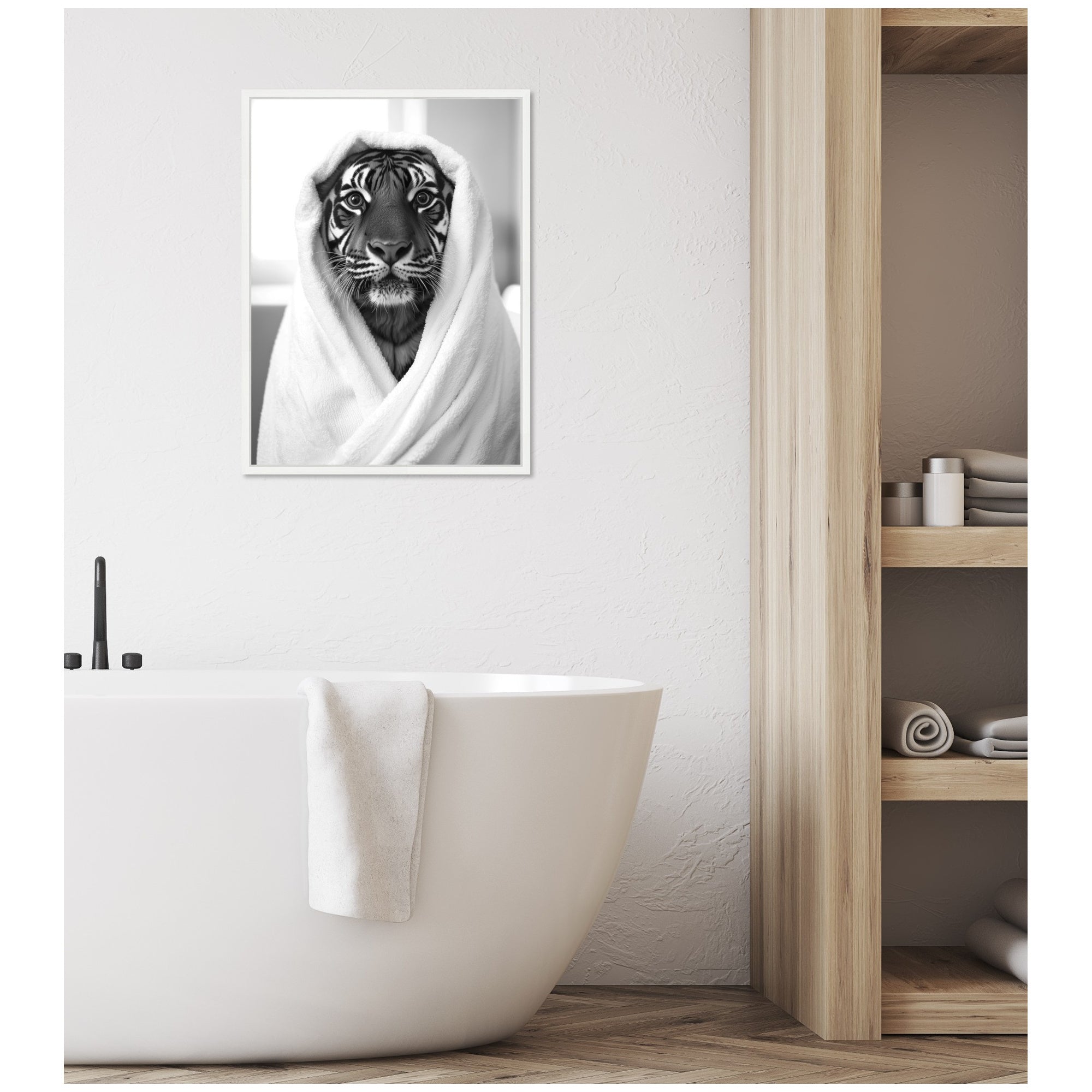 Sylvie Tiger Bathroom Art Towel Robe Black and White Framed Canvas by The Creative Bunch Studio