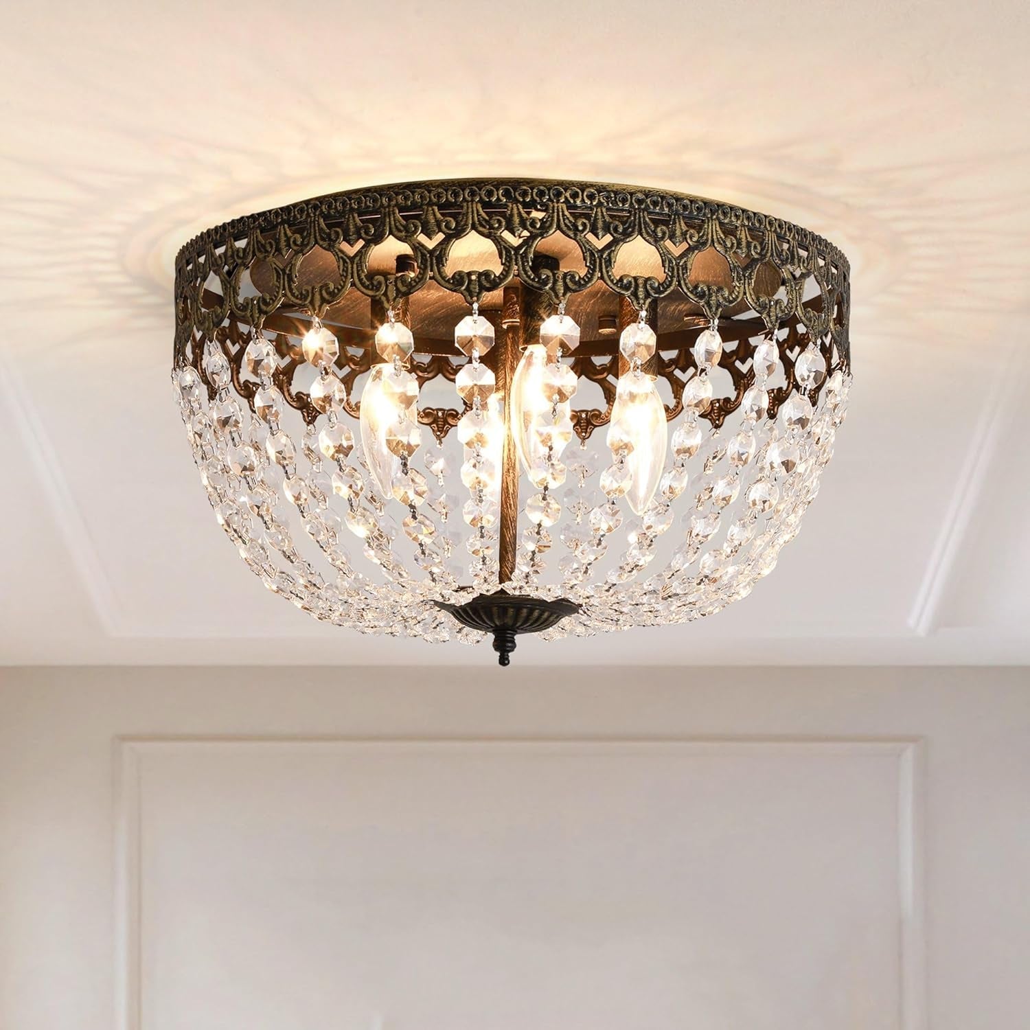 15 Inch Bronze Crystal 4 Light Flush Mount Ceiling Light-1