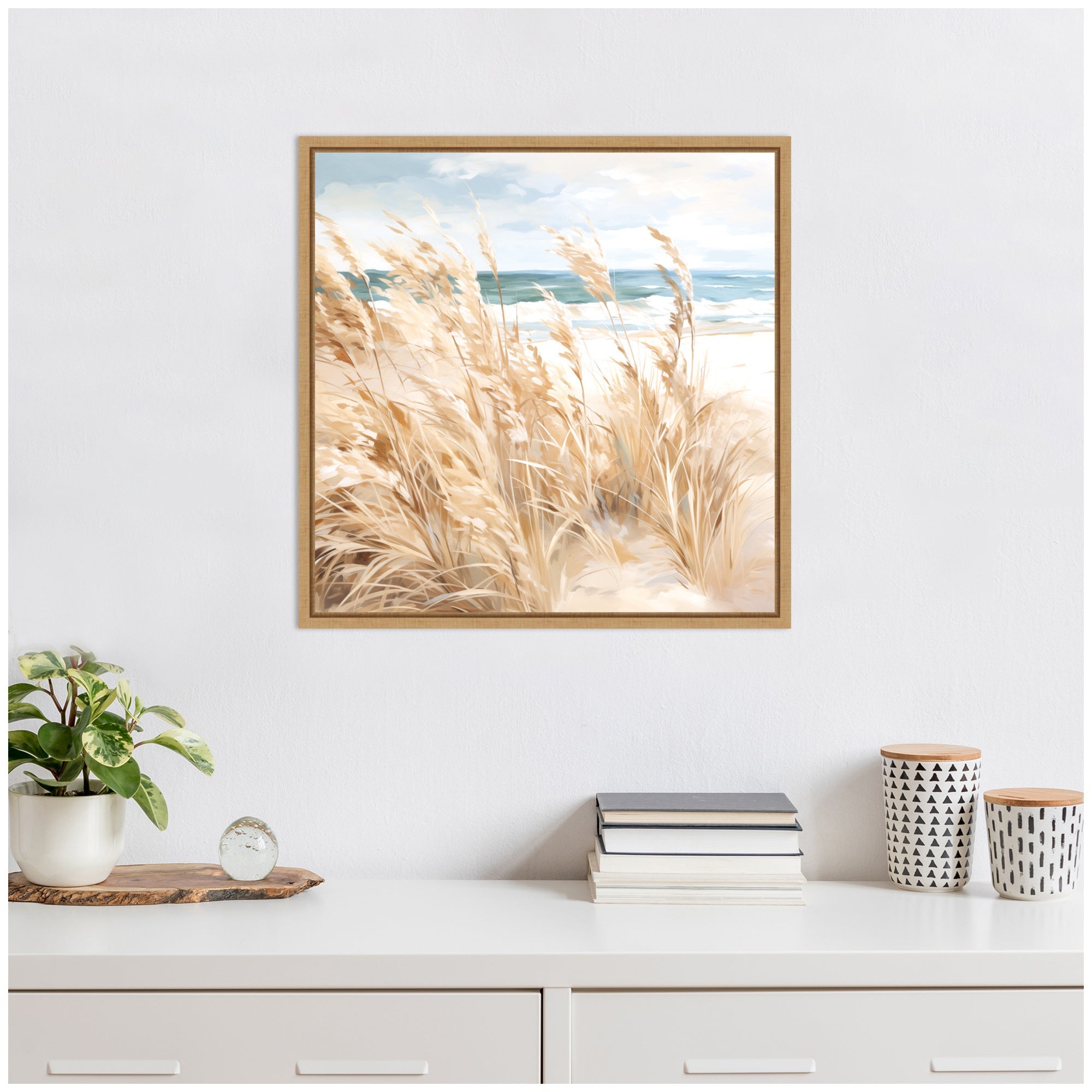 Sylvie Beige Beach Grass Near Tranquil Beach Framed Canvas by The Creative Bunch Studio