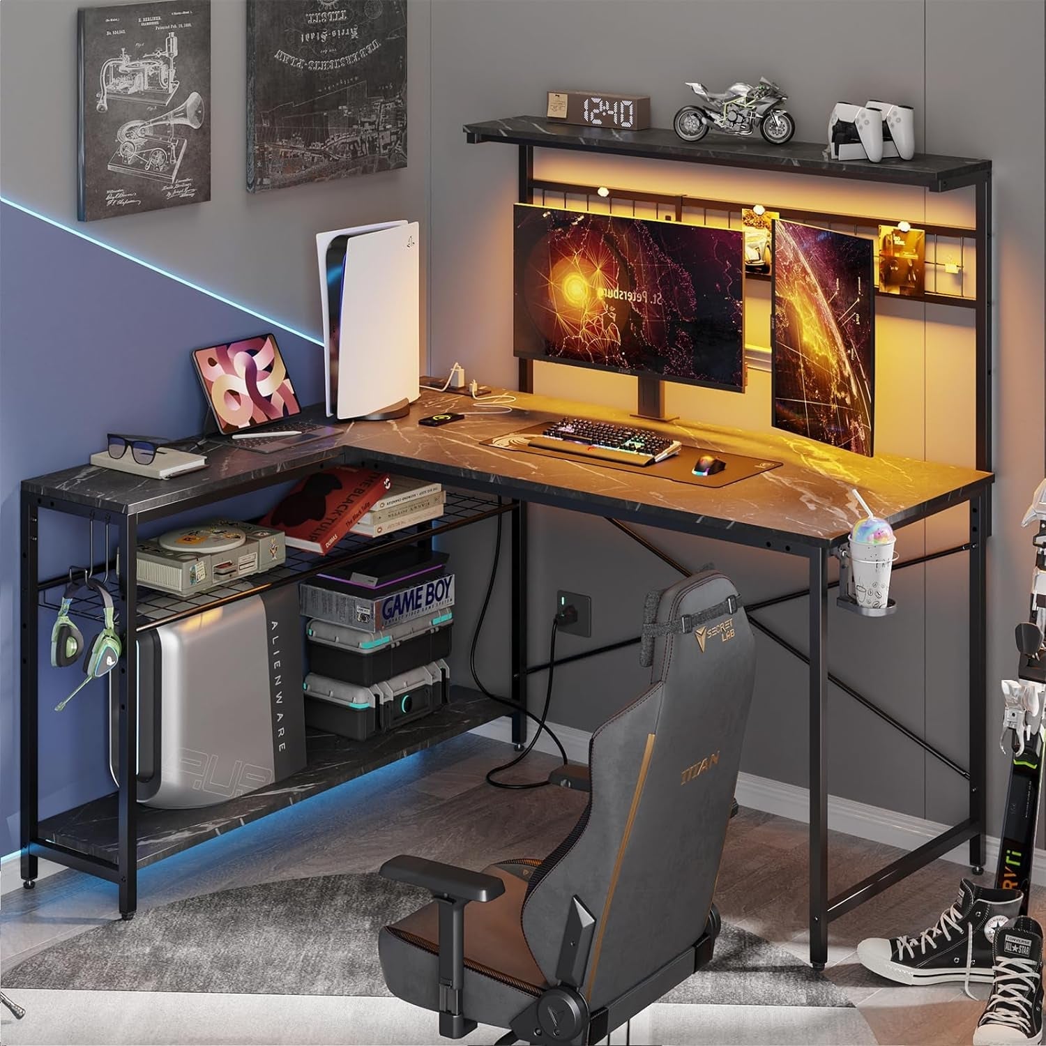 51 Inch L Shaped Gaming Desk With LED Lights 4 Tier Shelves