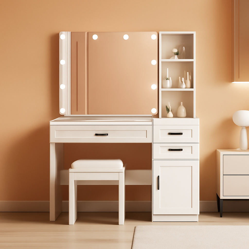White Vanity Table Set With Glass Top Hollywood Mirror