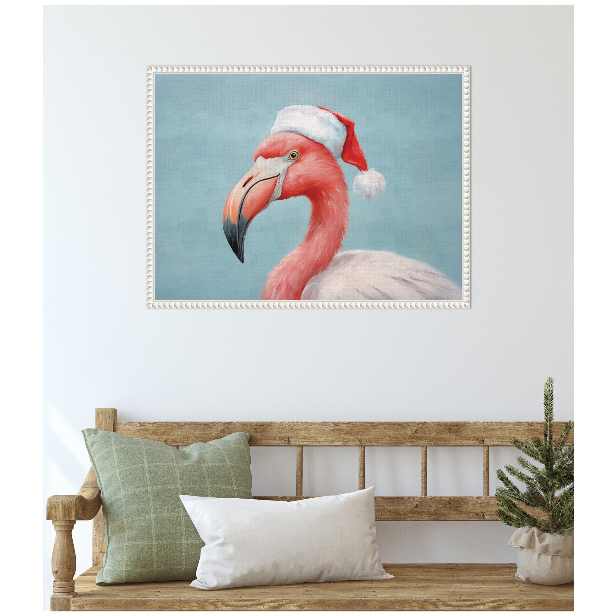 Sylvie Beaded Flamingo Santa Hat Portrait Framed Canvas by The Creative Bunch Studio