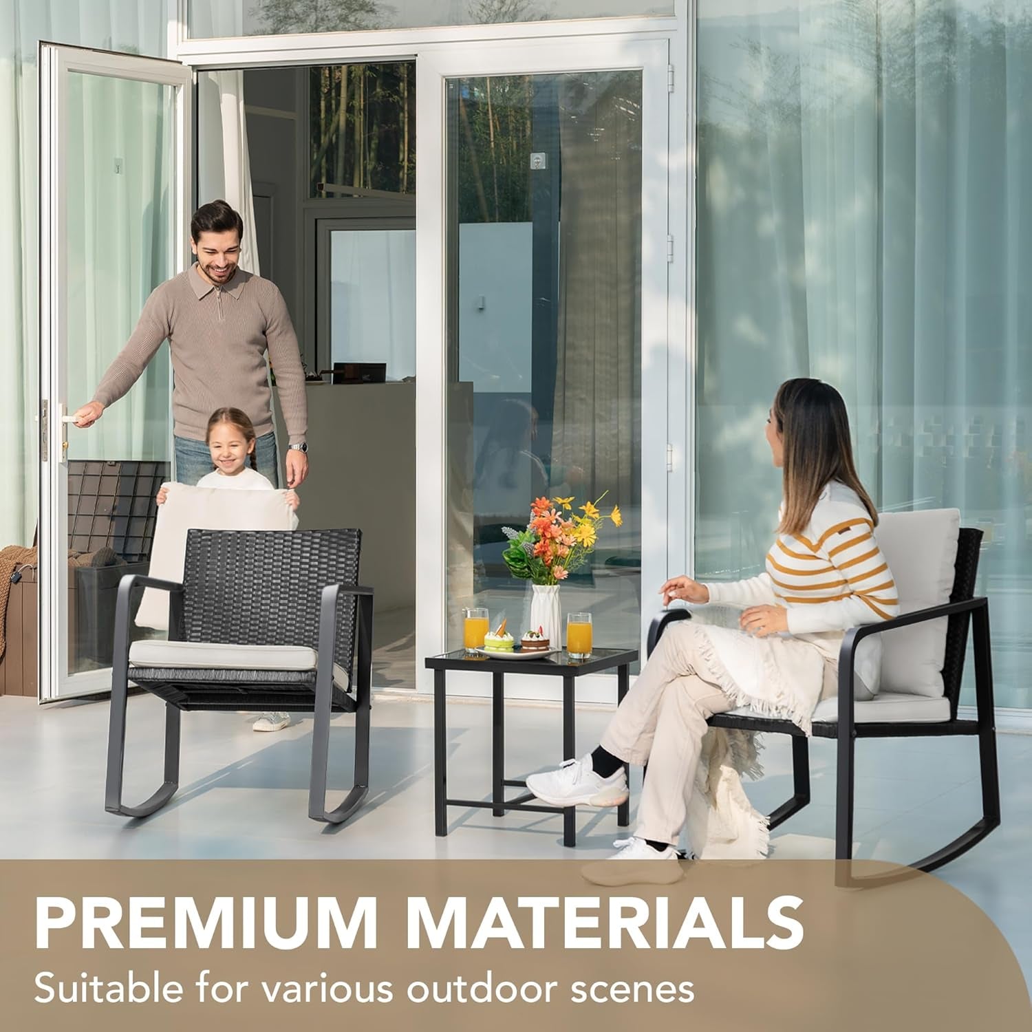 Beige 3 Piece Rocking Patio Bistro Set With Tempered Glass Coffee Table For Outdoor Furniture