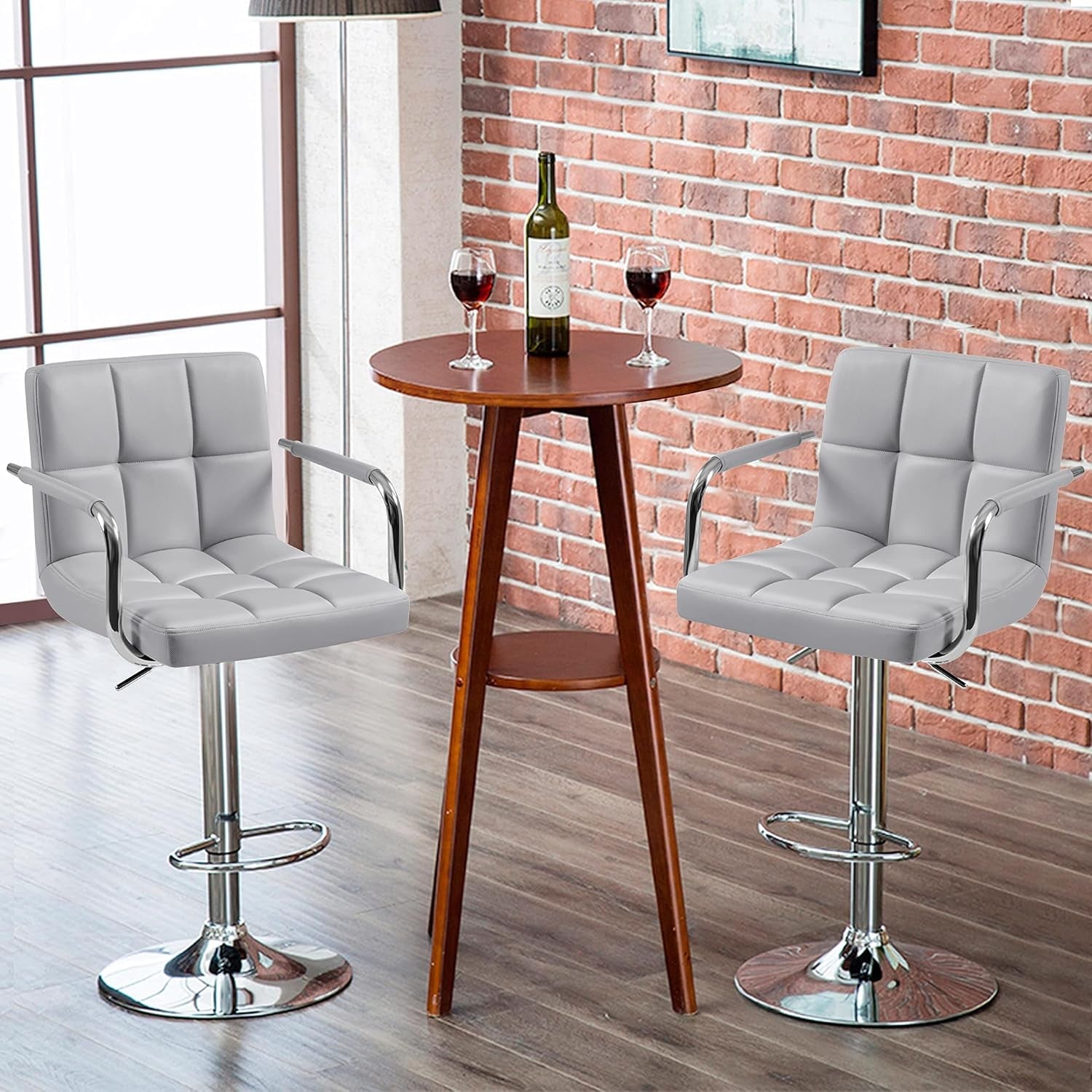 Light Grey Adjustable Swivel Bar Stools With Backrest, PU Leather, Set Of 2