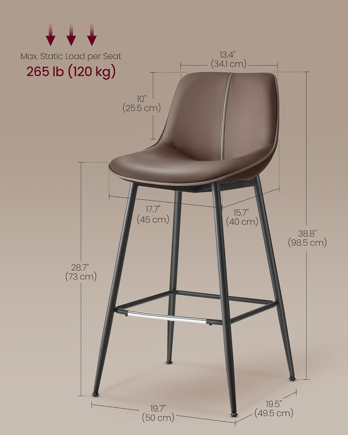 Bar Stools Set Of 2, 28.7 Inch Bar Height With Back, Coffee Brown