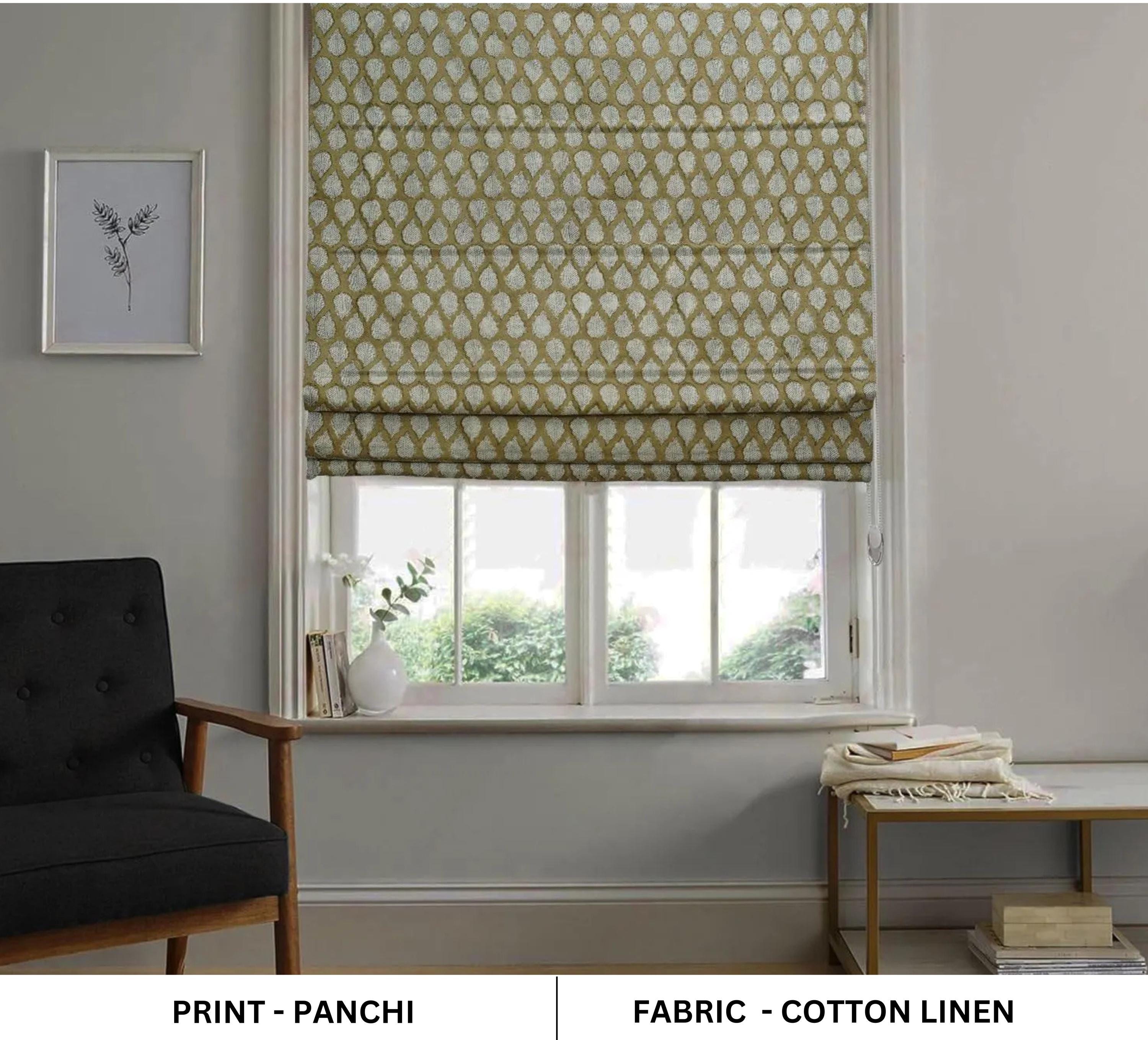 Handmade Green Floral Linen Roman Shade - Panchi