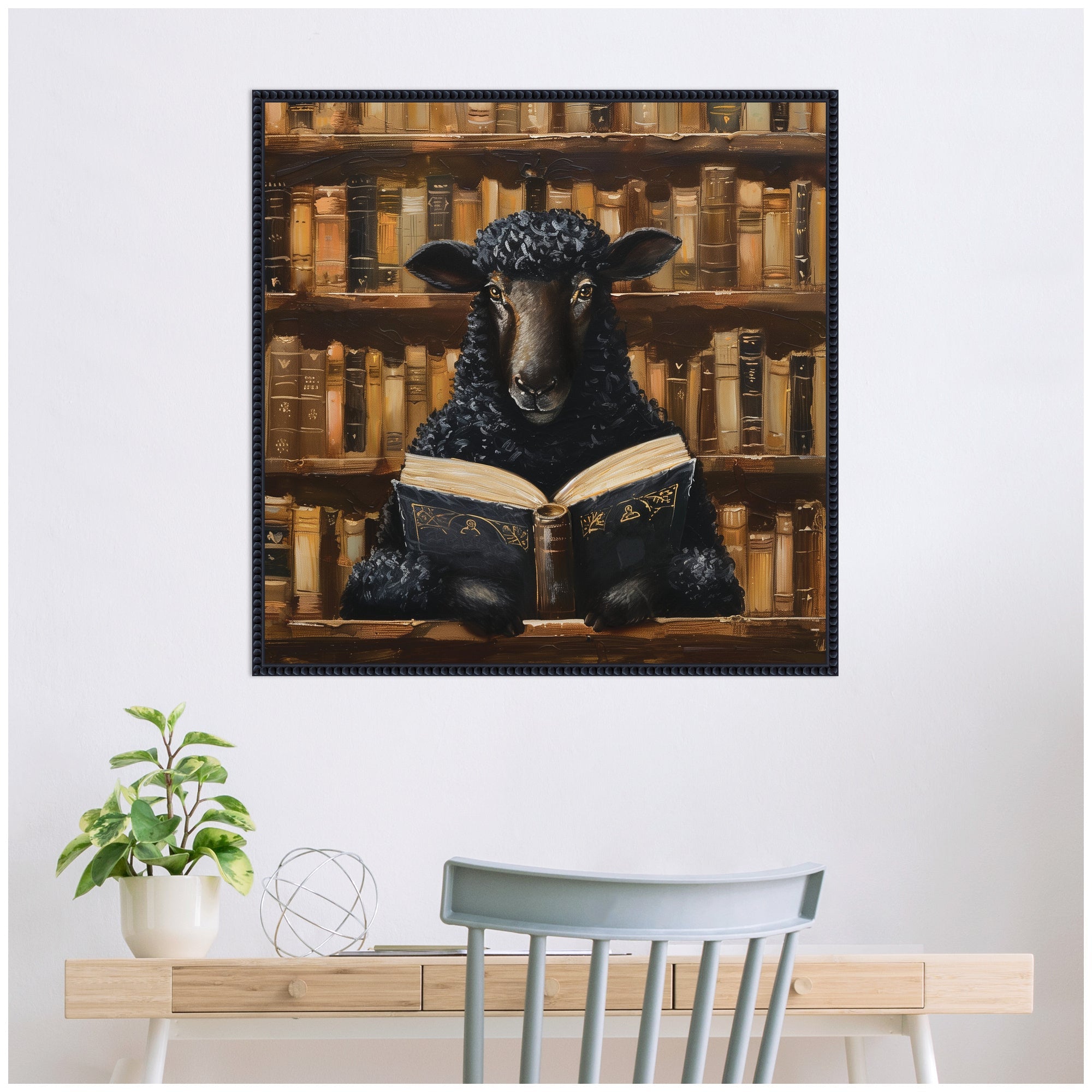 Sylvie Traditional Black Sheep Reading in Vintage Library Framed Canvas by The Creative Bunch Studio