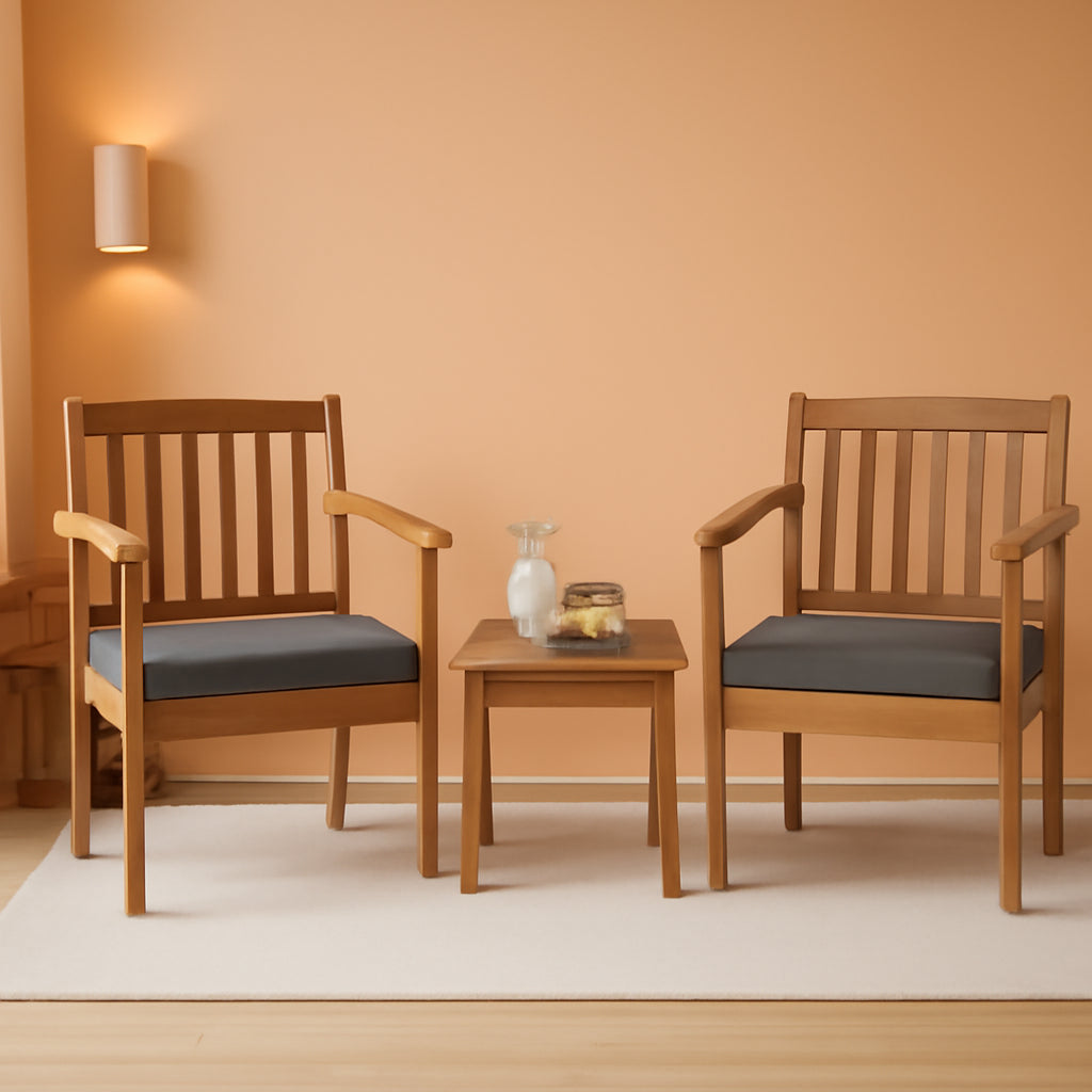 3 Piece Patio Wood Furniture Set With Acacia Wood Chairs And Coffee Table Cushions Slatted Grey Outdoor Set