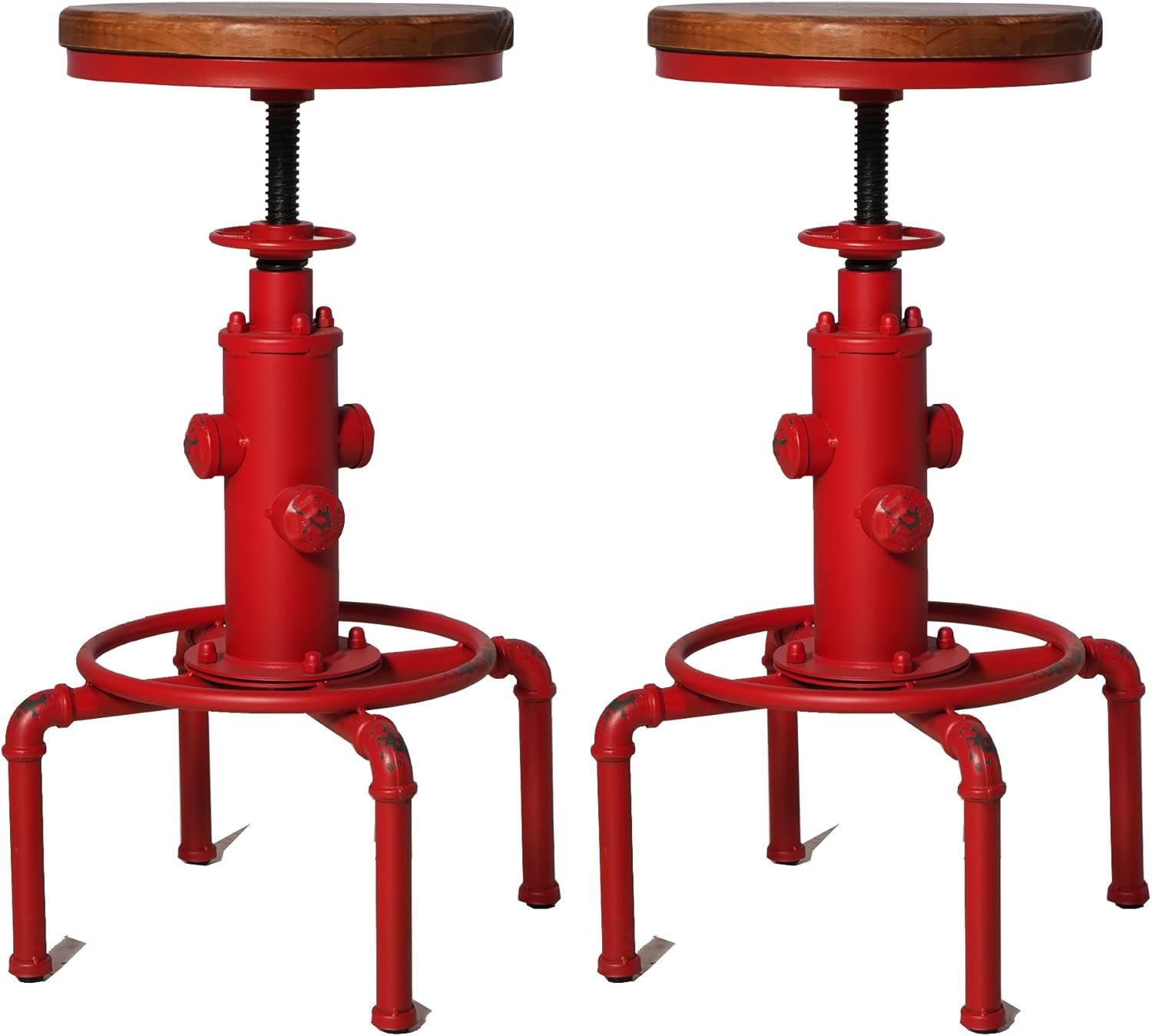 Antique Industrial Barstools Set With Adjustable Wooden Seats