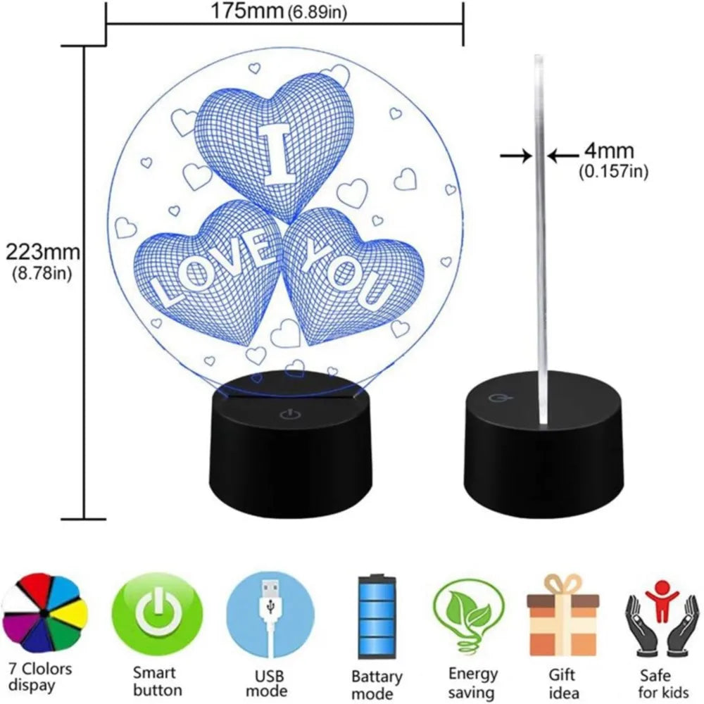 3D Love Heart Visual Acrylic Lamp for Table Decor Birthday Valentine's Day Gift