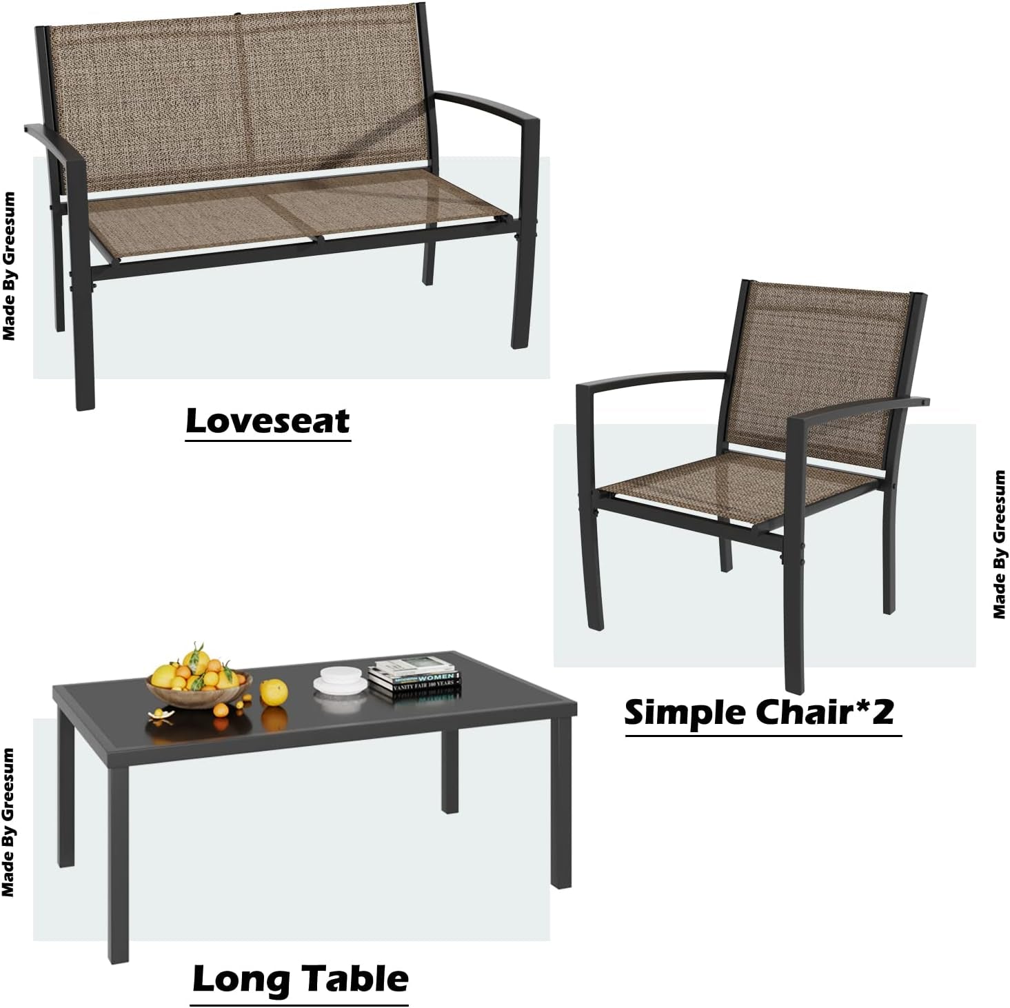 4 Piece Patio Furniture Set With Glass Coffee Table Brown