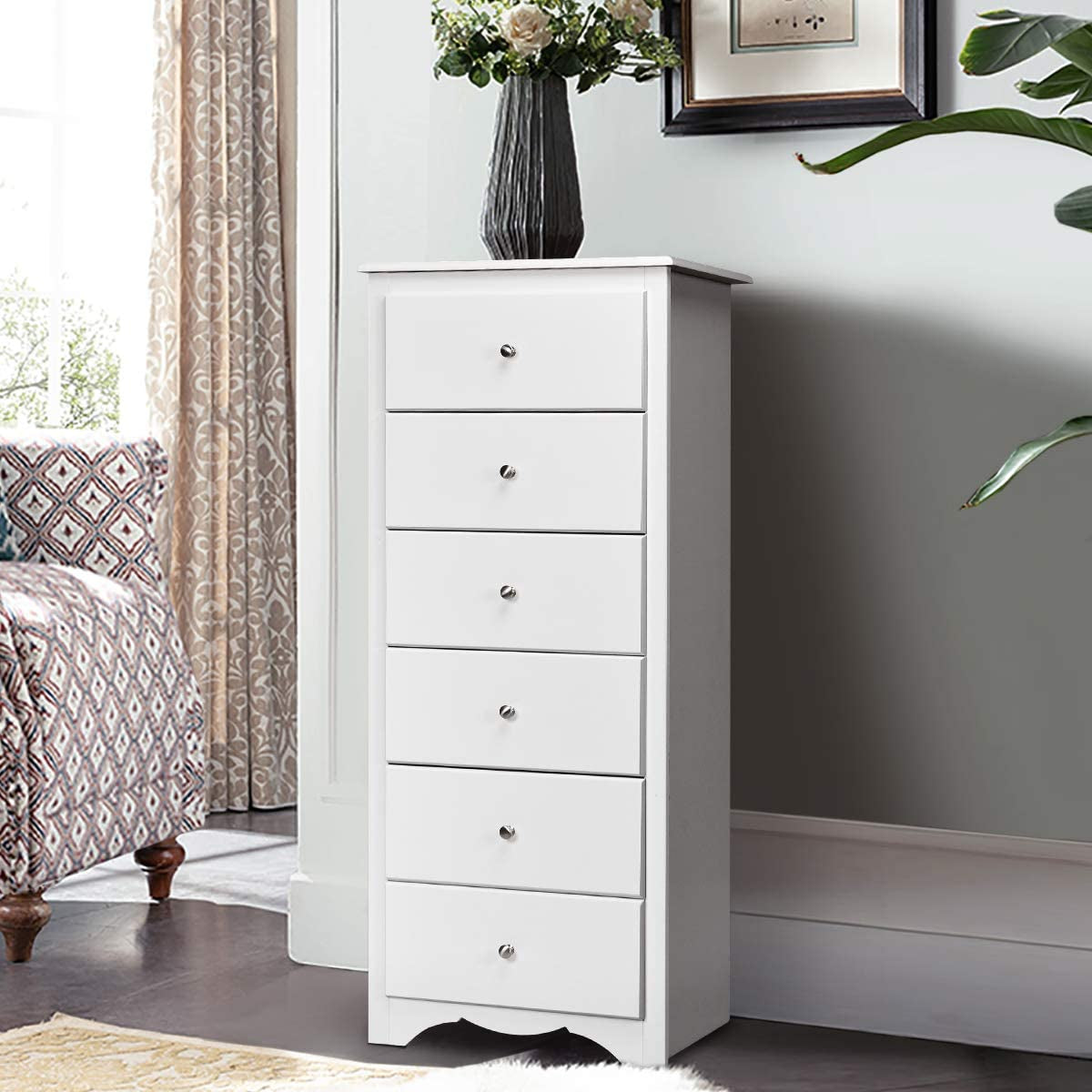 White Wooden 6 Drawer Dresser Chest For Bedroom Storage