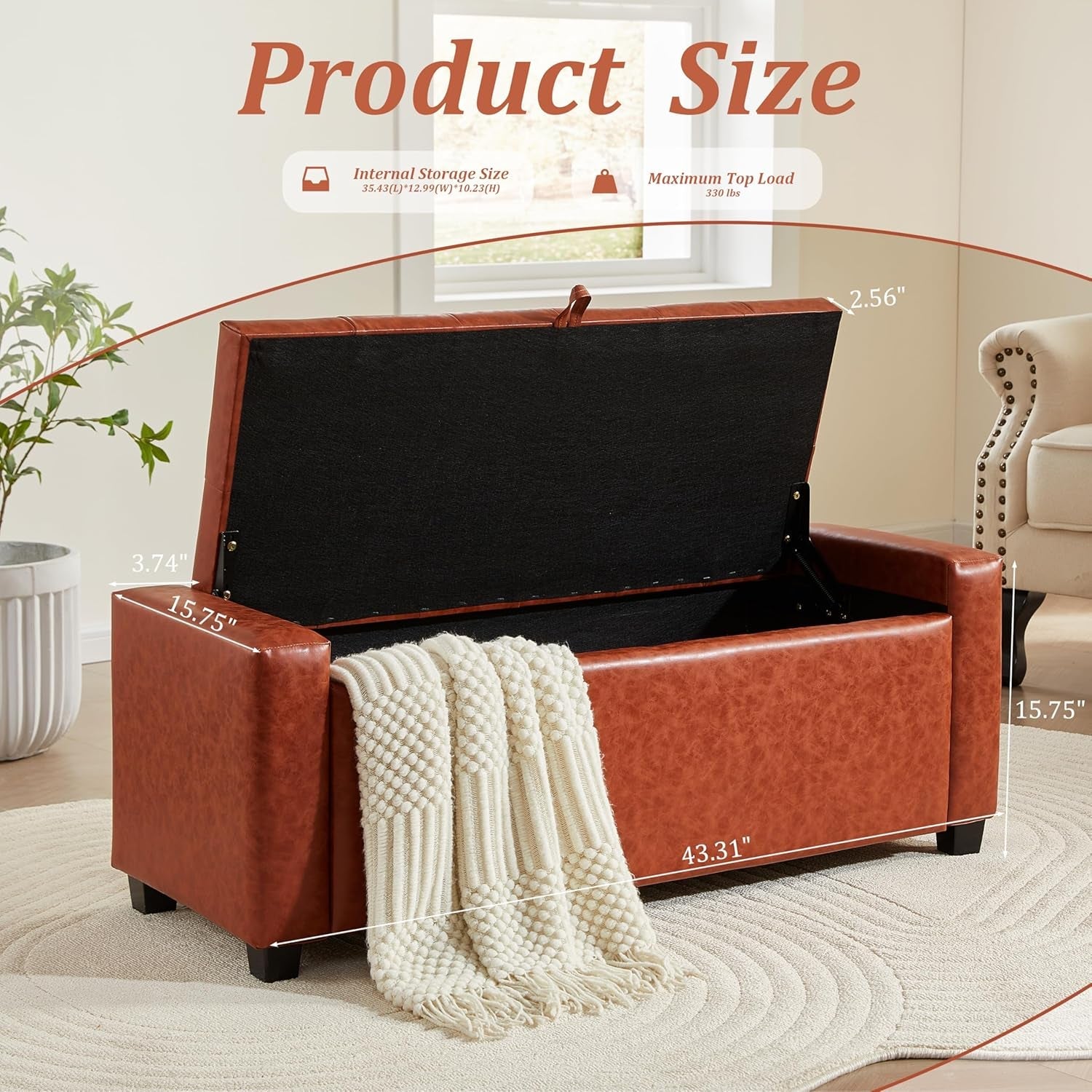Storage Ottoman Tufted Leather Reddish Brown Bench