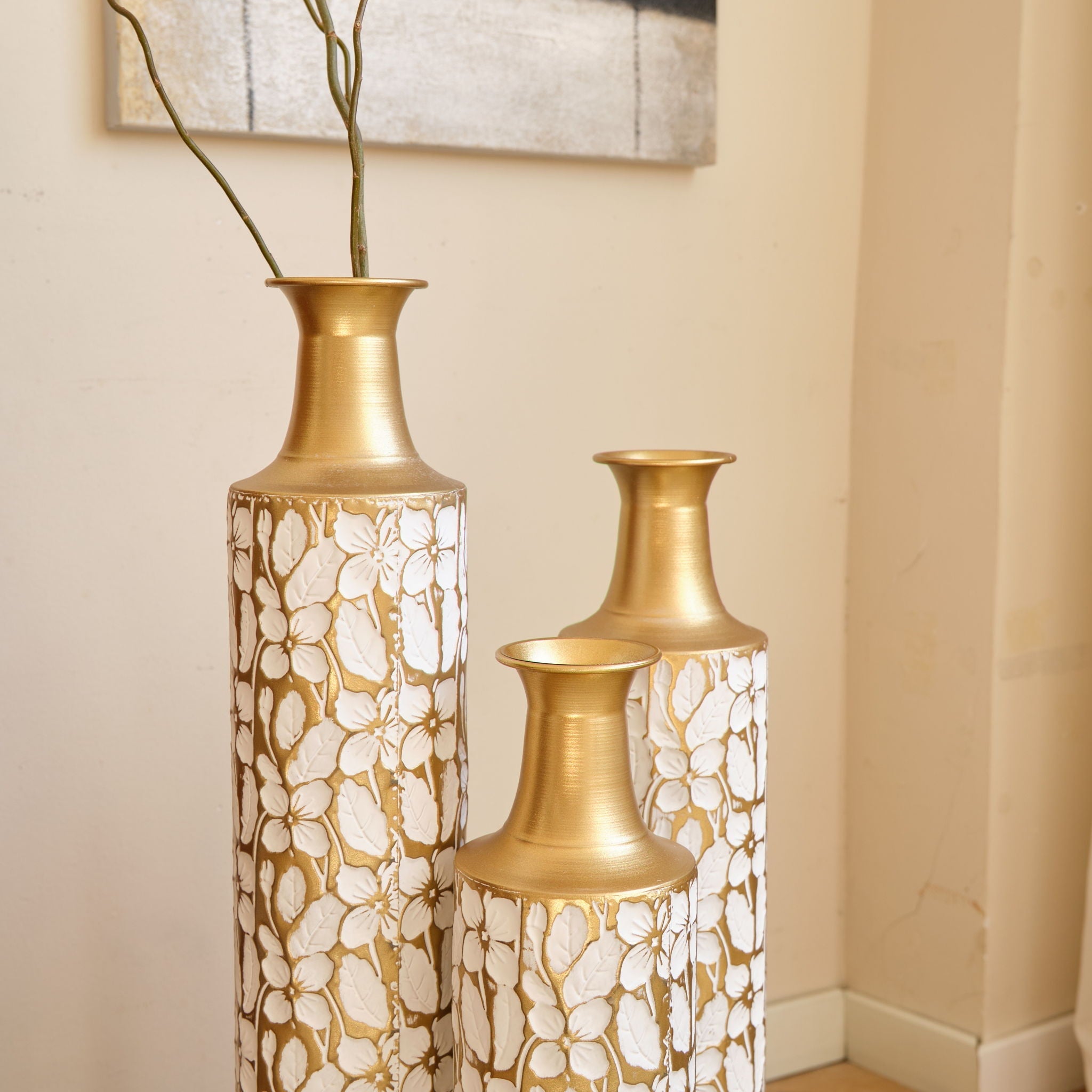 Floor Vases Large Vases Decorative High Vases (Set of 3) For Home Decor Vintage Large Vases Representing Twigs, Twigs Dried Flowers Living Room Antique Worn Vases - Antique White