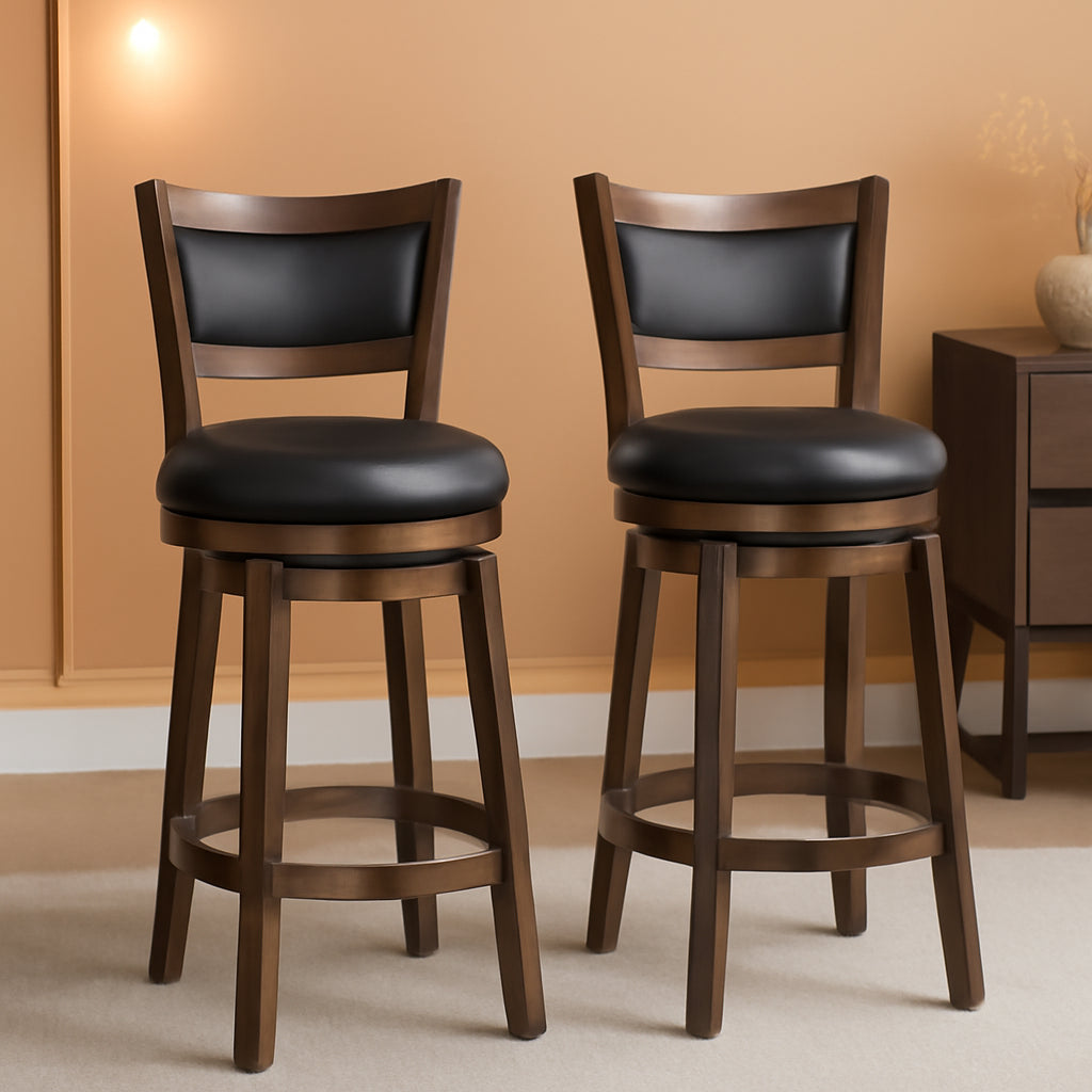 Swivel Bar Stools Set of 2 Black Faux Leather 34 Inch