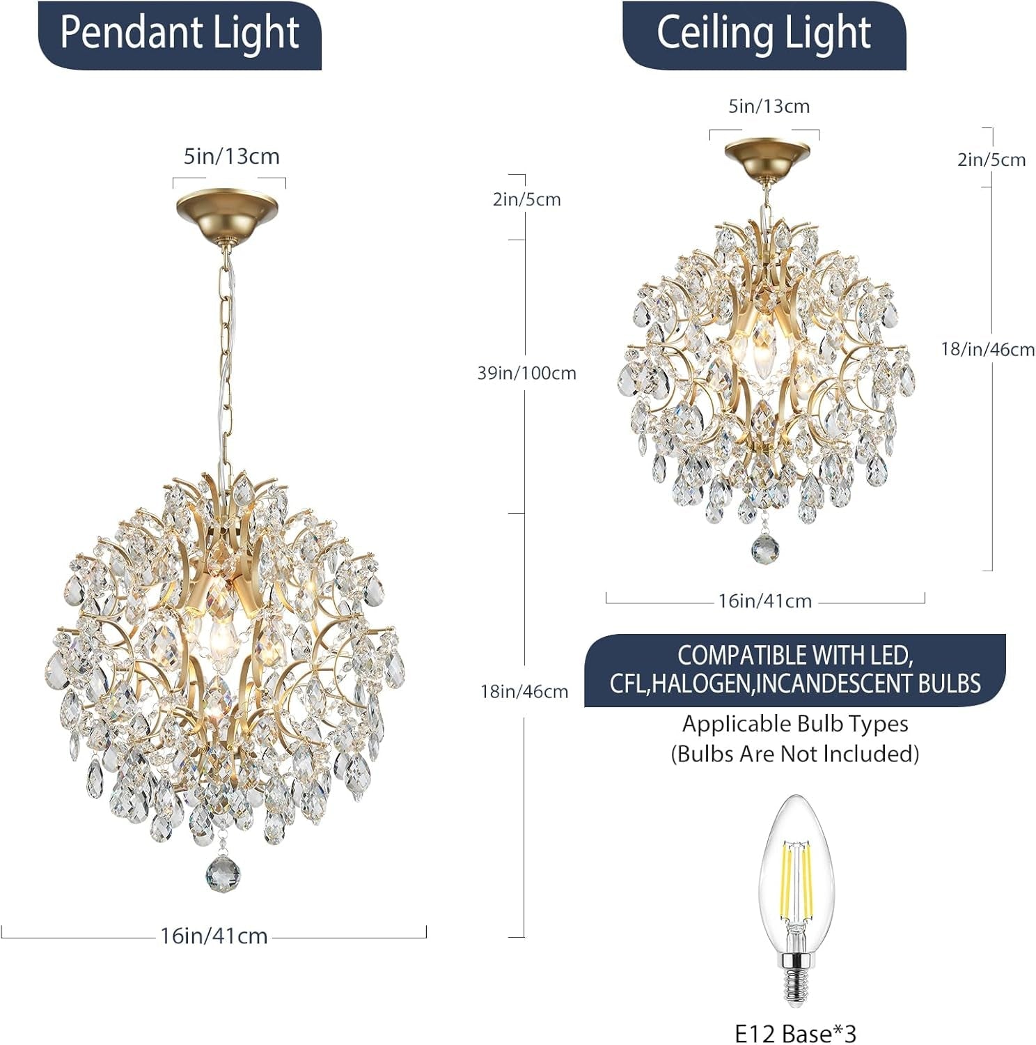 Gold Crystal Pendant Chandelier Raindrop Lighting Fixture-2