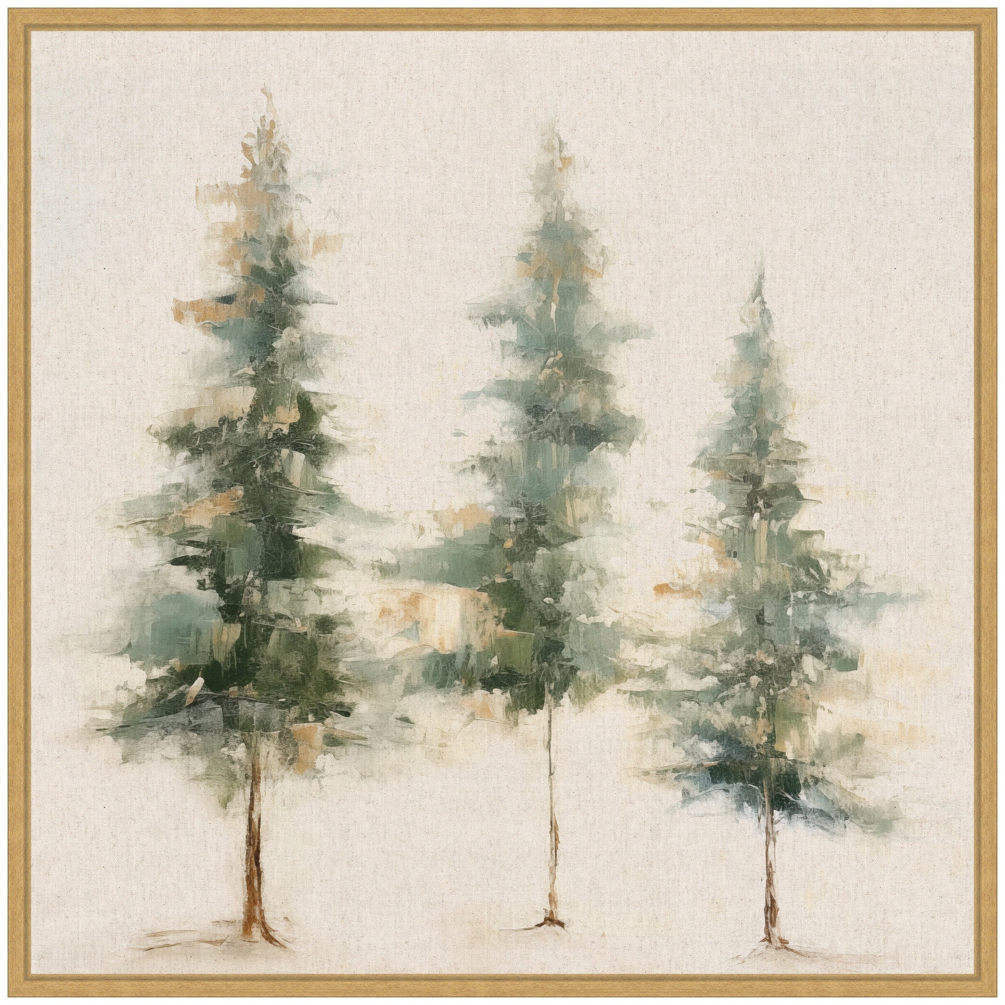 Sylvie Abstract Forest Evergreen Trees on Neutral Linen Framed Canvas by The Creative Bunch Studio