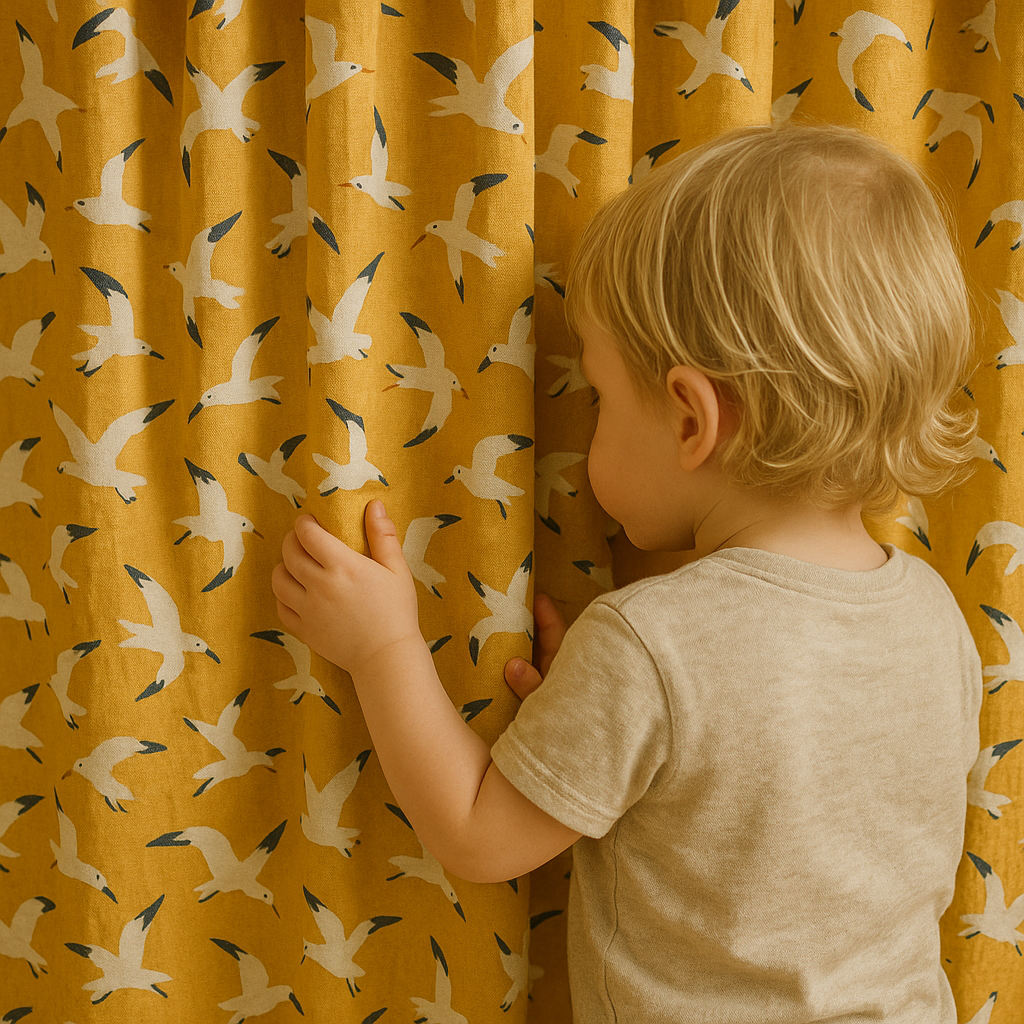 Seagull Flight Cotton Kids Curtains – Mustard Coastal Drapes, Light-Filtering or 100 % Blackout-0