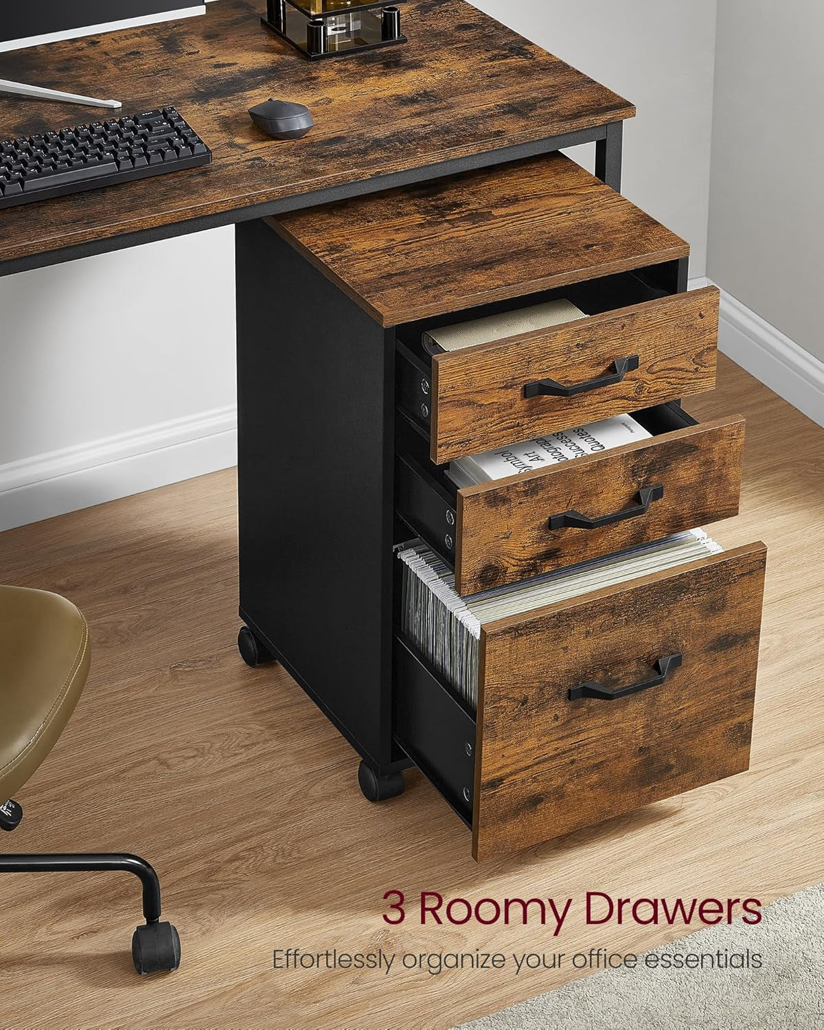 Three Drawer File Cabinet With Wheels For A4 And Letter Documents Rustic Brown