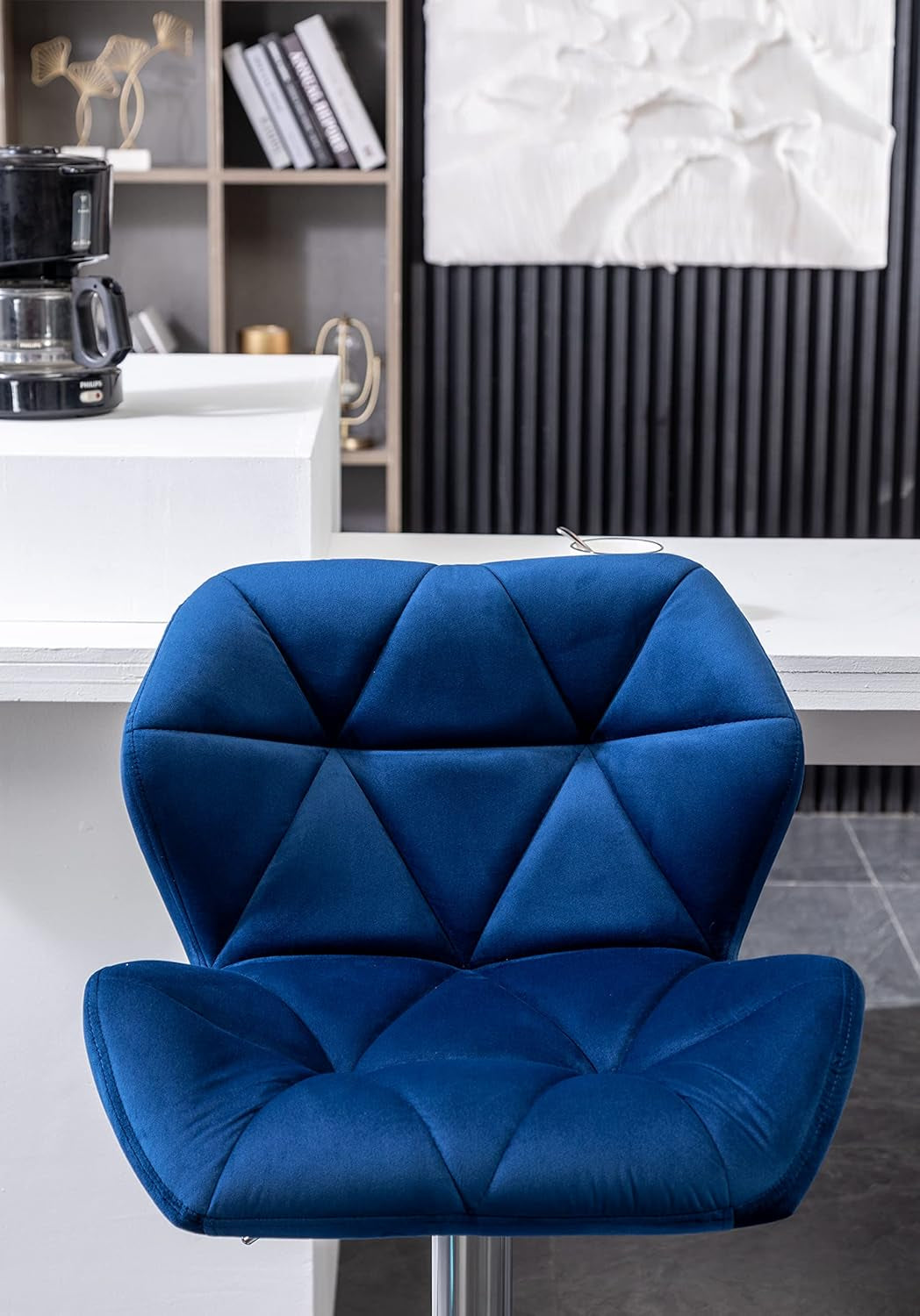 Velvet Diamond Tufted Swivel Barstools Blue Adjustable Height Set of 2