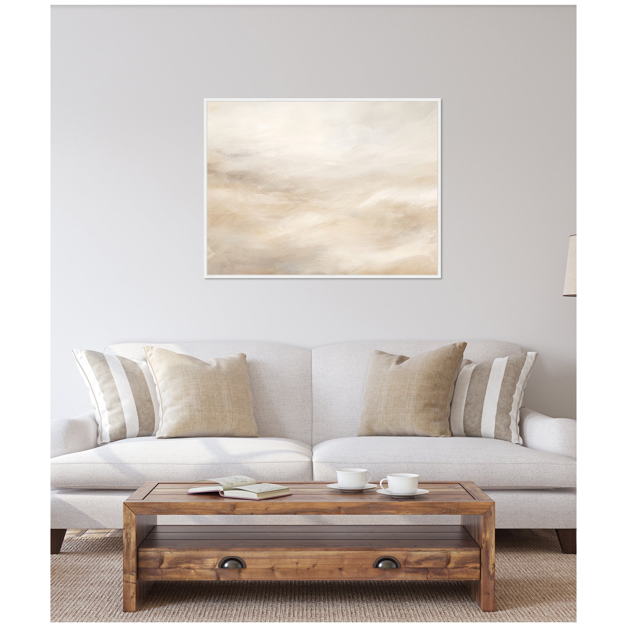 Sylvie Tonal Abstract Textural White and Beige Light Natural Neutrals Horizontal Framed Canvas by The Creative Bunch Studio