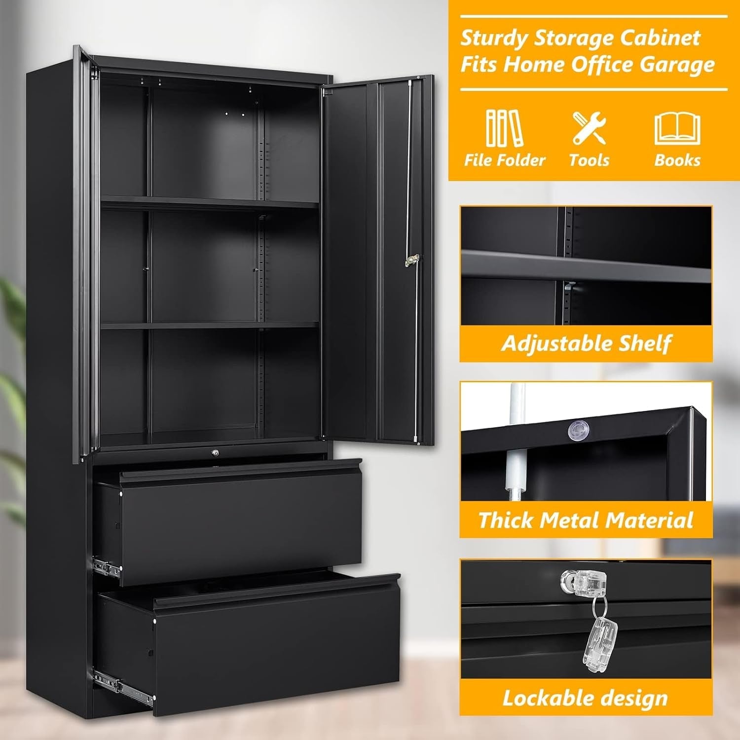 Two Drawer Lateral File Cabinet Locking Metal Storage Cabinet Black For Letter And Legal Files