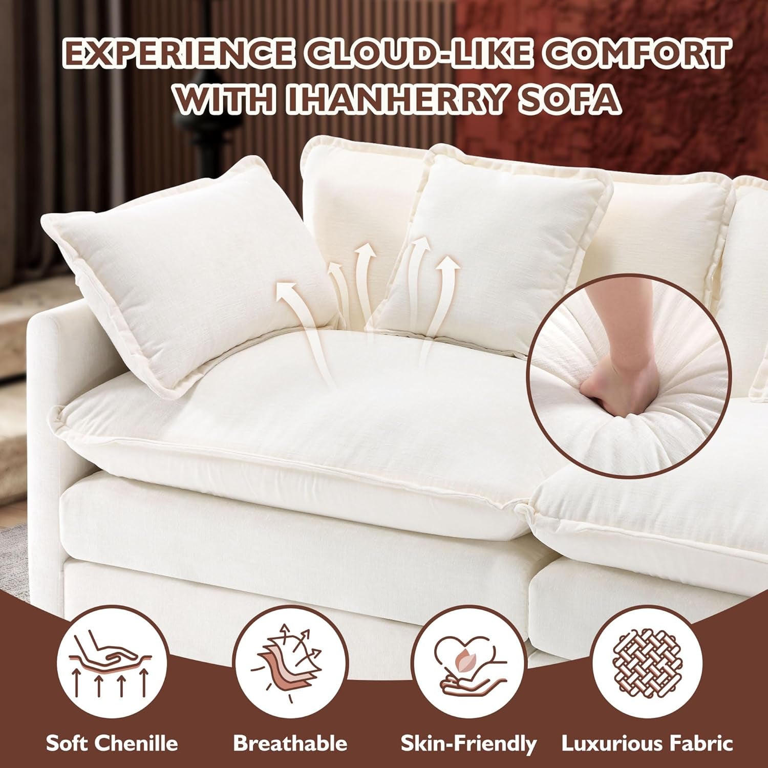 111.4 Inch 3 Seater Cloud Sofa Modular Sectional Couch Beige With Breathable Chenille Fabric