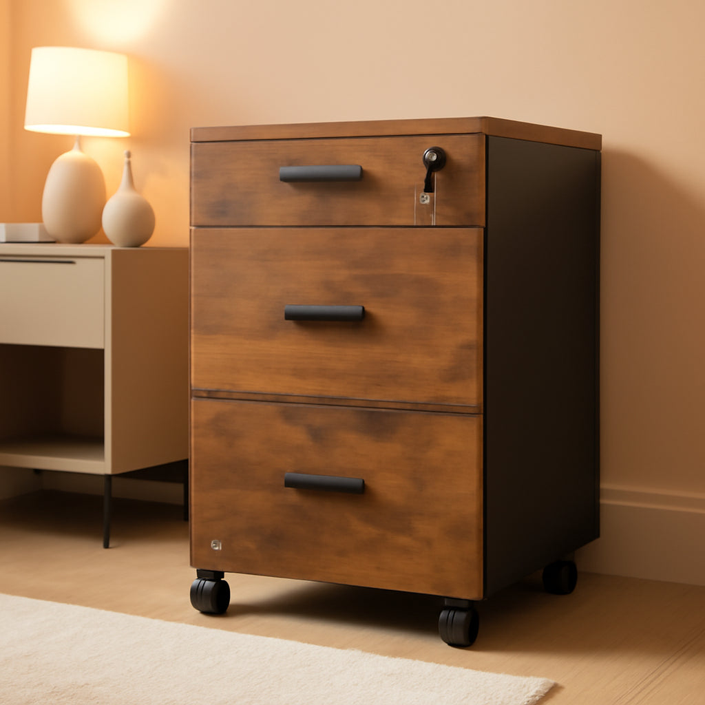 3 Drawer Lockable Rolling File Cabinet In Rustic Brown Fits Letter And A4 Size For Home Office