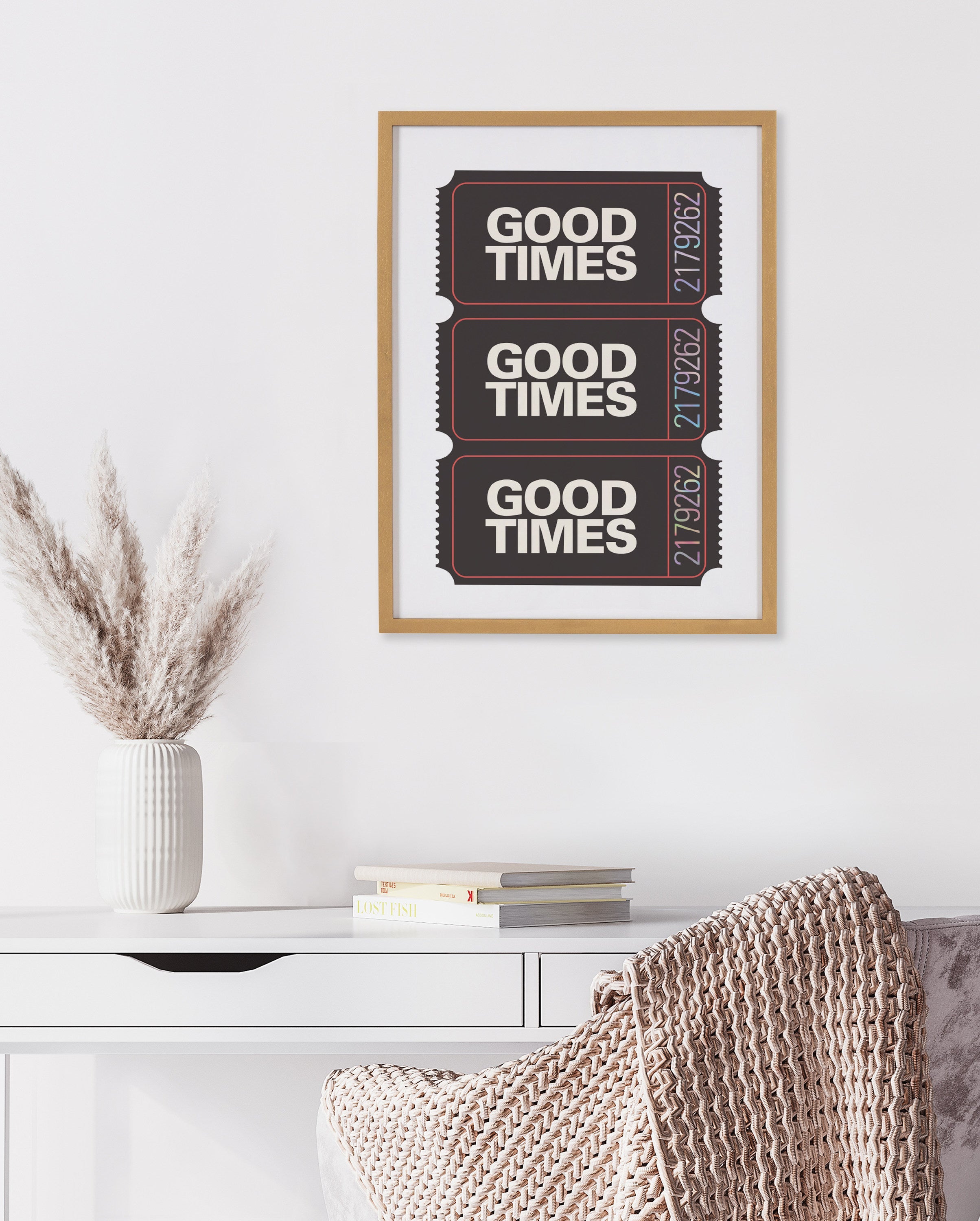 Gallery Preppy Retro Positive Quote Good Times Ticket Print by The Creative Bunch Studio