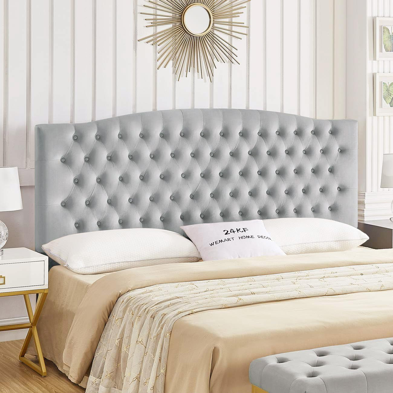Velvet Tufted King Headboard Stylish Comfortable Gray Design