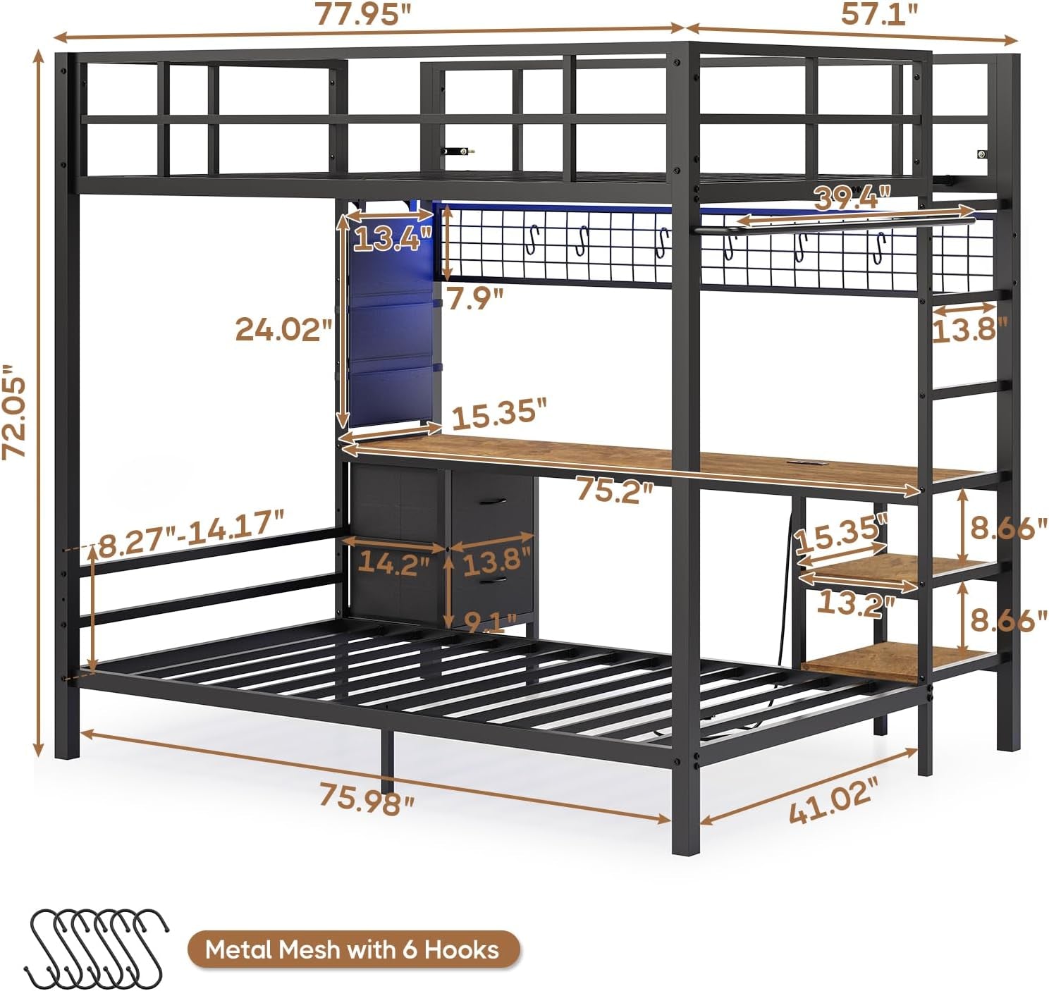 Black Full Over Twin Metal Bunk Bed With Desk LED Lights