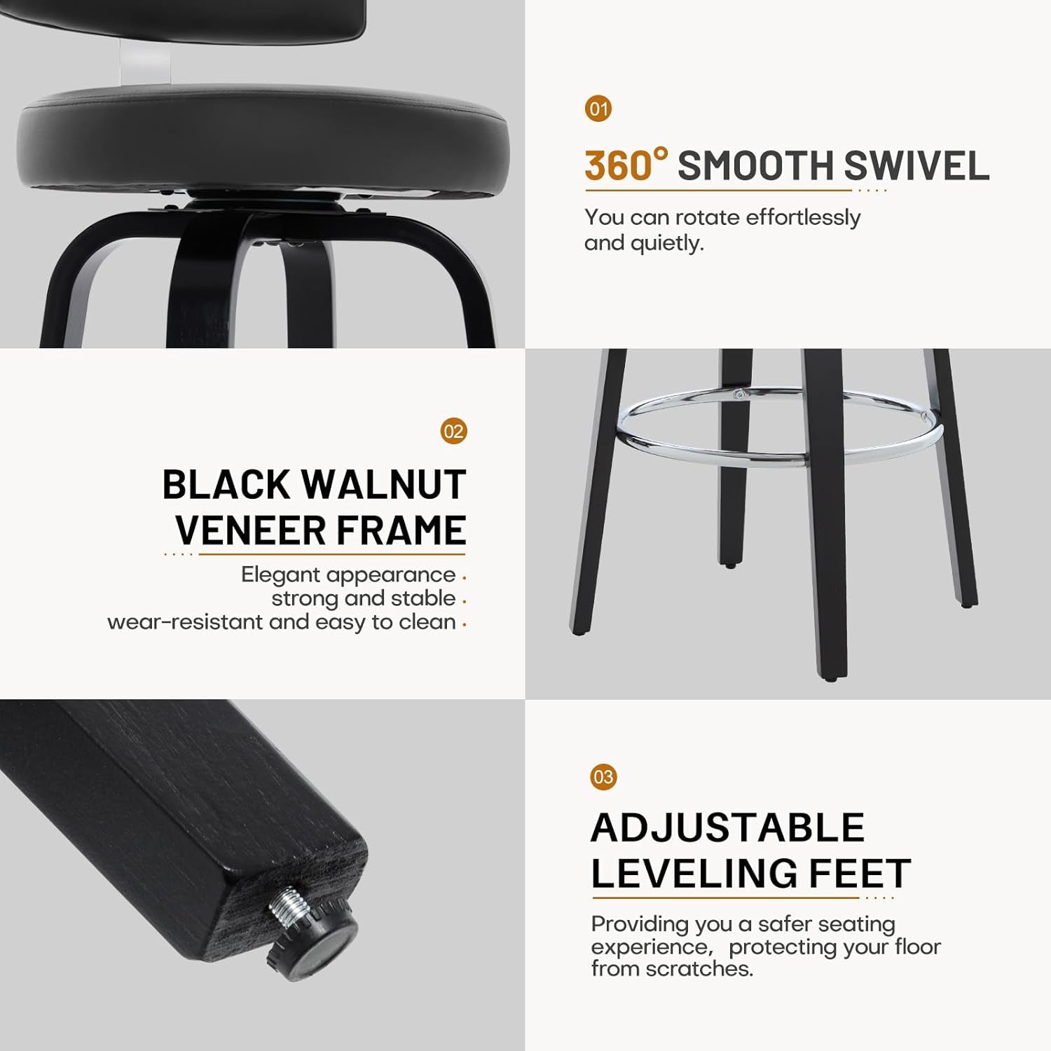 29 Inch Counter Height Black Faux Leather Swivel Bar Stools With Back Set Of 3