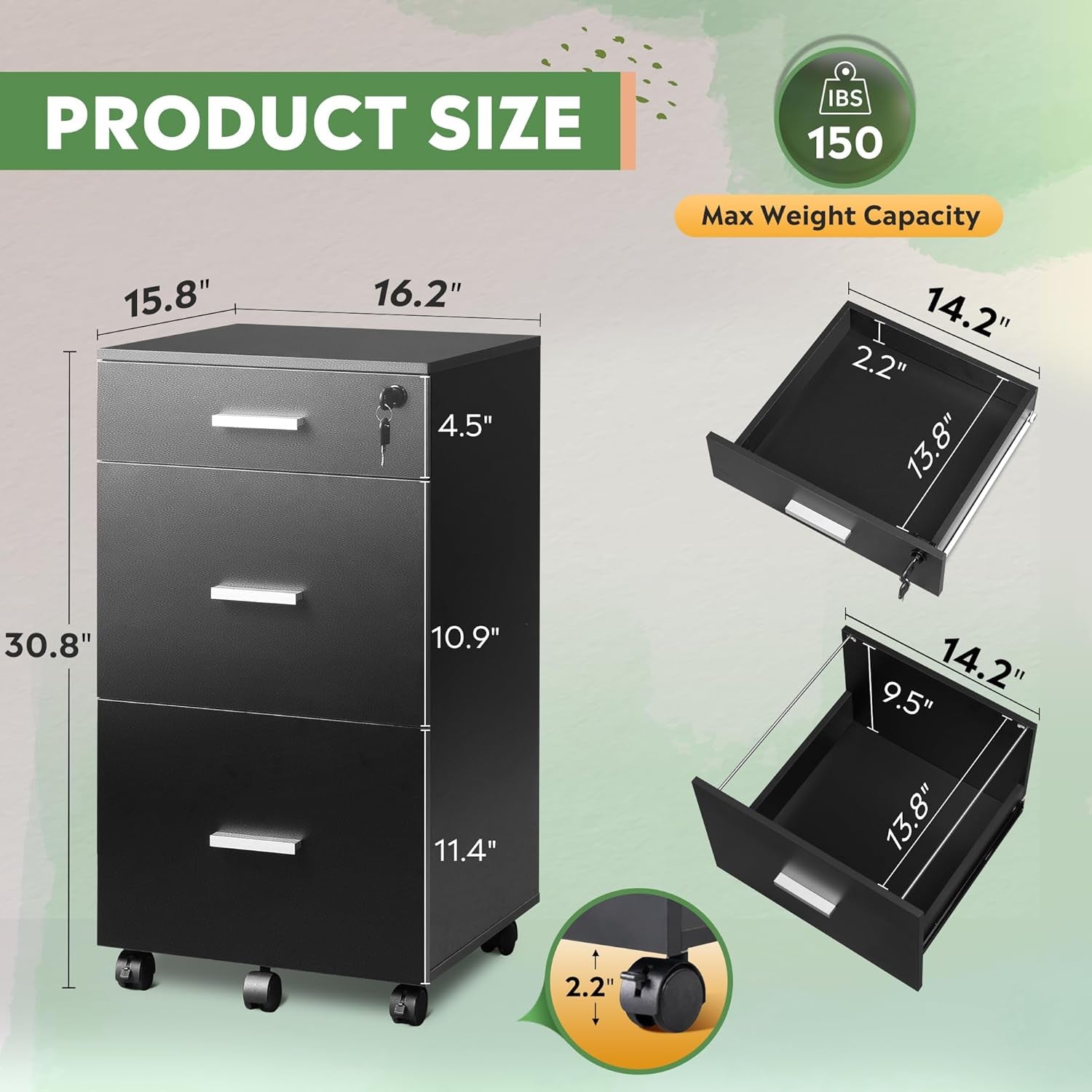 Black 3-Drawer Locking Rolling File Cabinet for Home Office