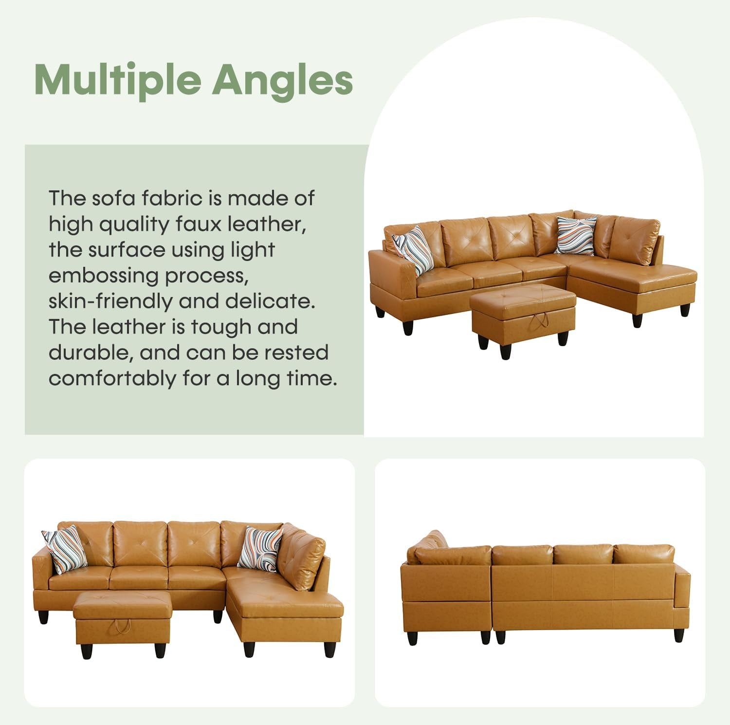 Leather Sectional Sofa L Shape With Storage Ottoman Ginger