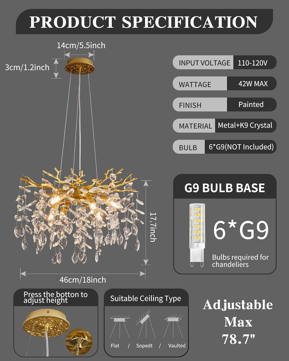 Gold Crystal Chandelier Elegant 18 Inch Ceiling Light-2
