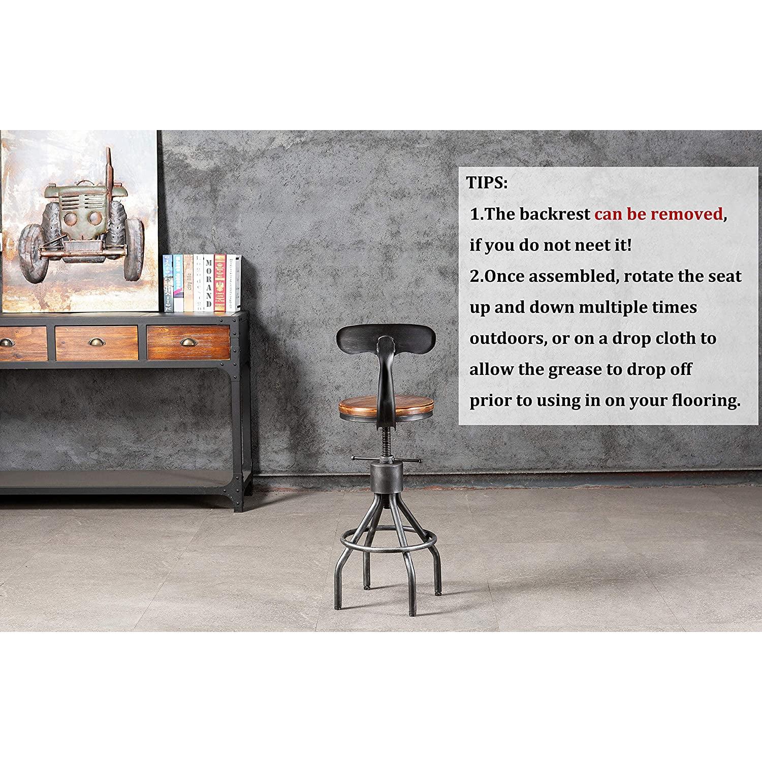 Adjustable Rustic Industrial Bar Stool Brown Seat Set of 2