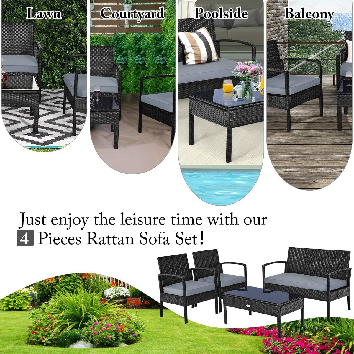 4 Piece Patio Rattan Furniture Set With Glass Coffee Table