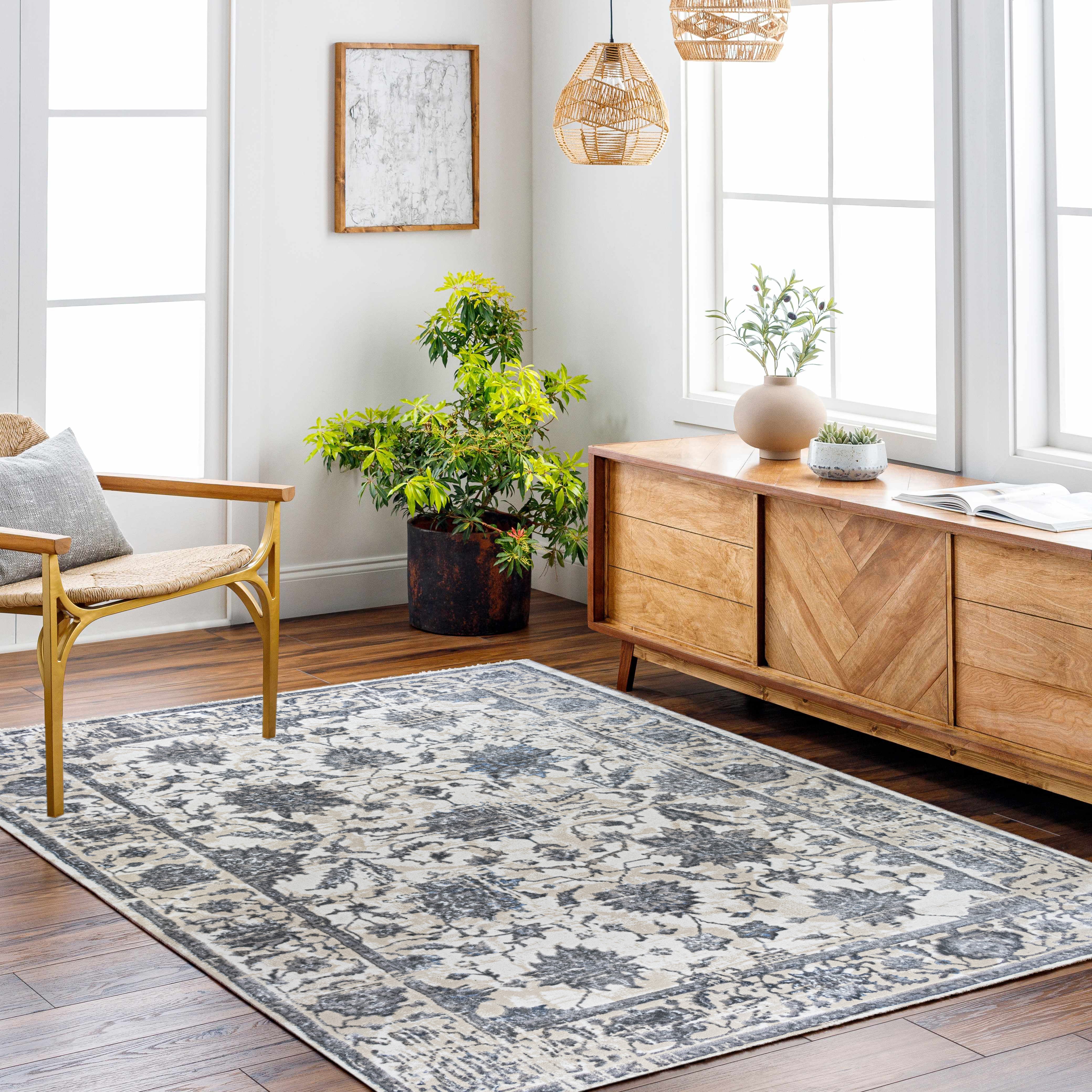 ROY's Home High&Low Area Rugs, Big Flower Vintage Lines Effect, Shiny Dark and Silver Effect
