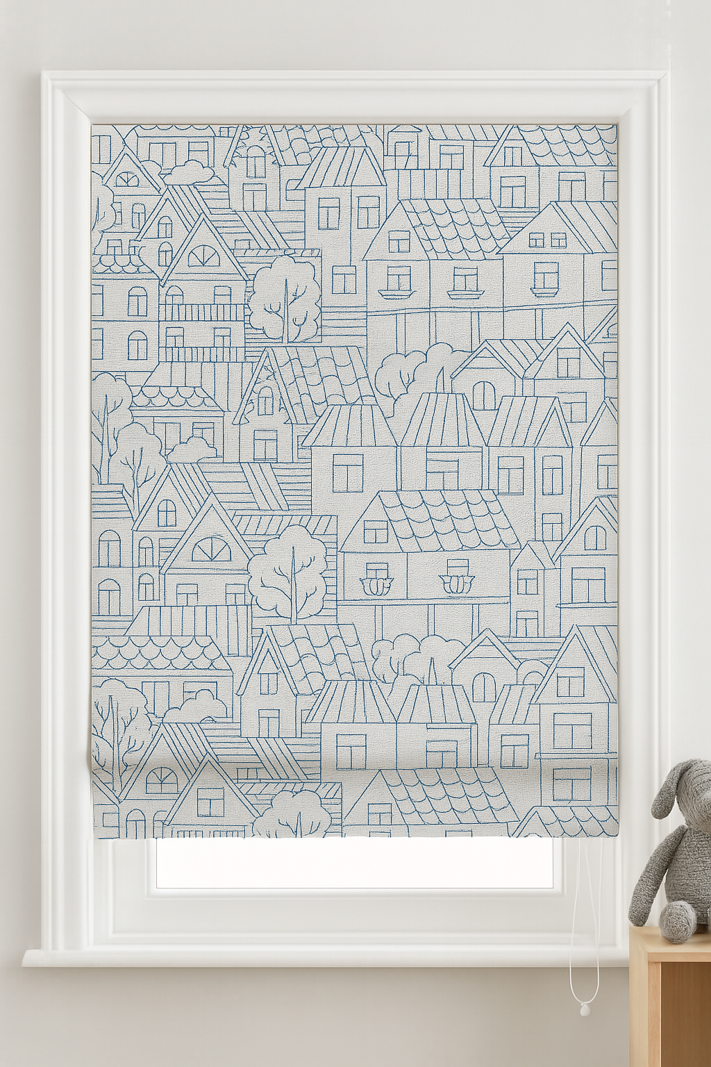 Custom Pure Linen Roman Blinds for Kids’ Rooms & Nurseries – Village-Sketch Embroidery in 4 Colorways – Made-to-Measure UK | Blackout or Light-Filtering-1